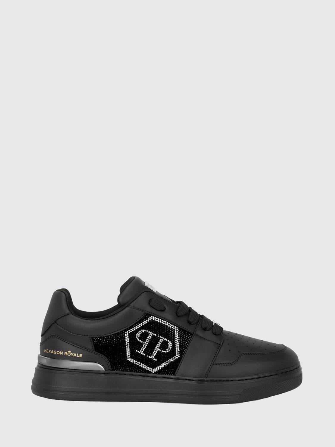 Philipp Plein Hexagon Royale Leather Sneakers with Rhinestone Hexagon Logo