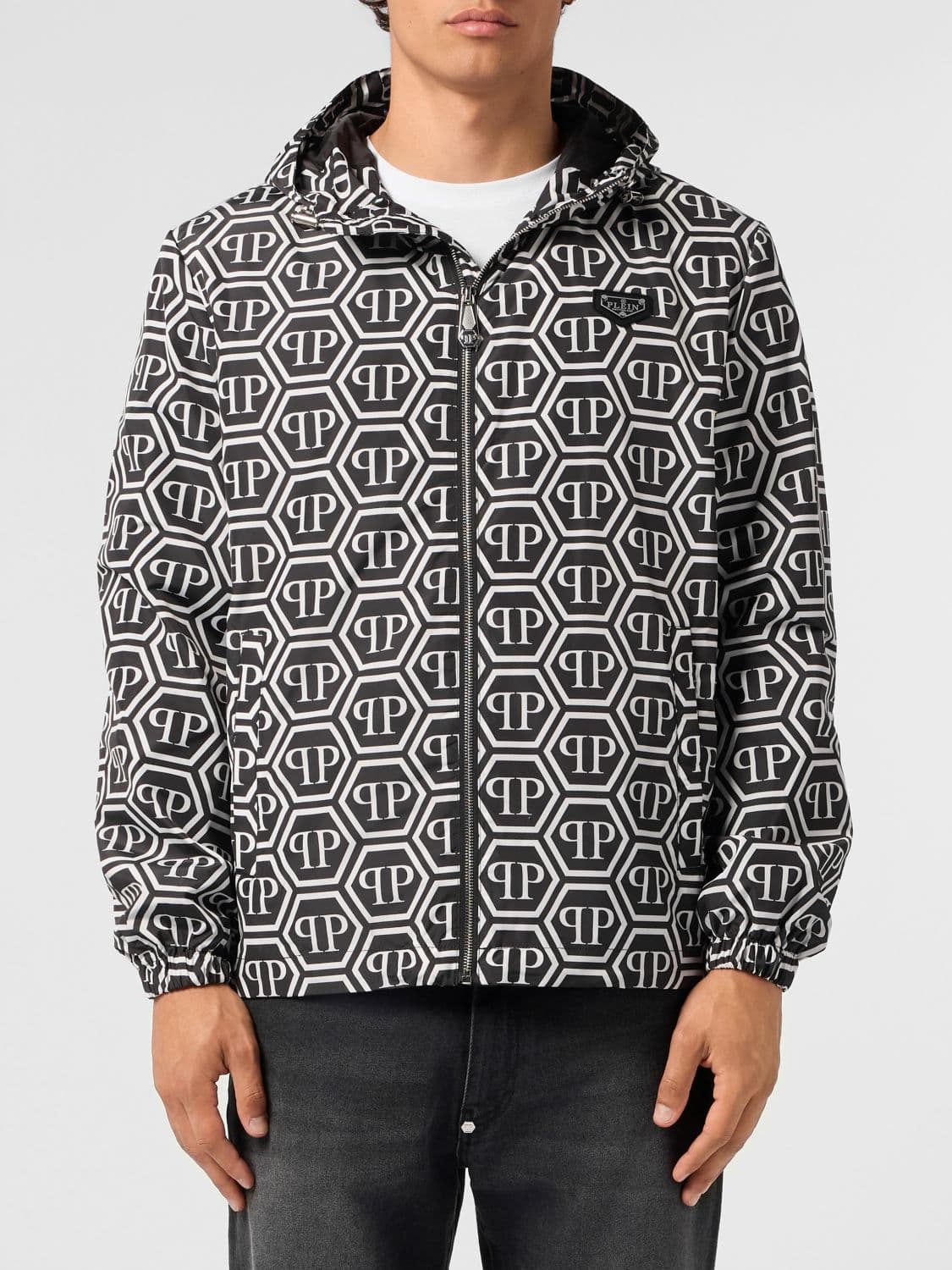 Philipp Plein Hooded Windbreaker Jacket with Hexagon Monogram Logo