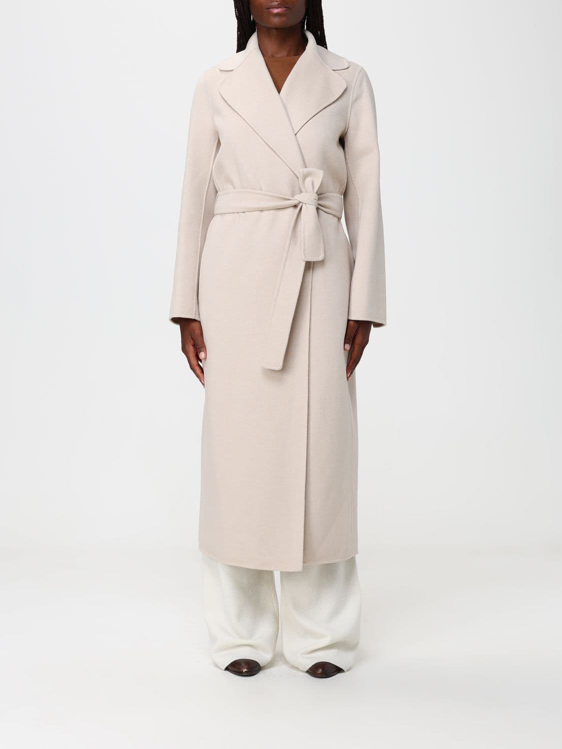 's Max Mara Long Belted Robe Coat in Wool with Lapel Collar