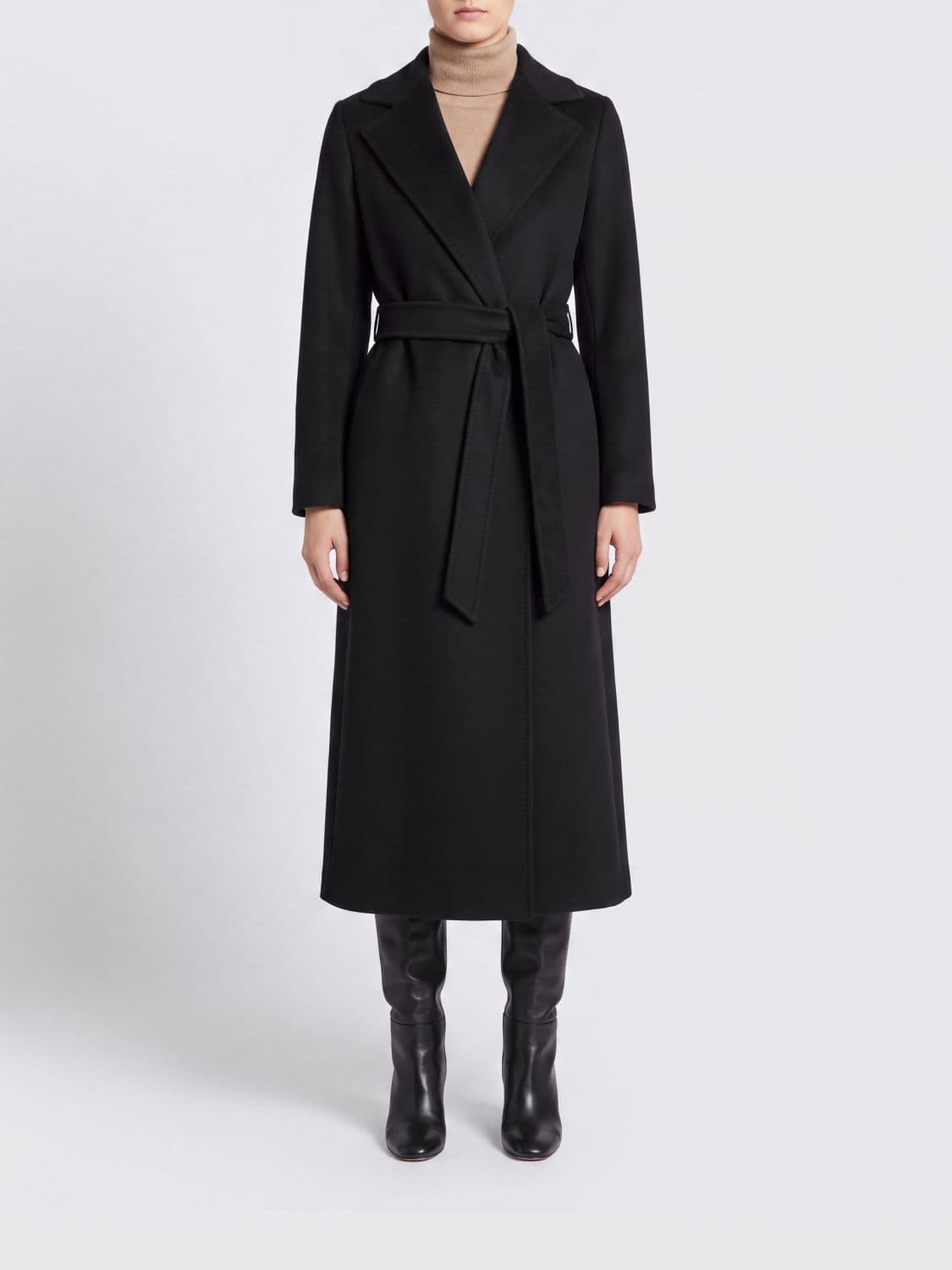 's Max Mara Long Belted Robe Coat in Wool with Lapel Collar