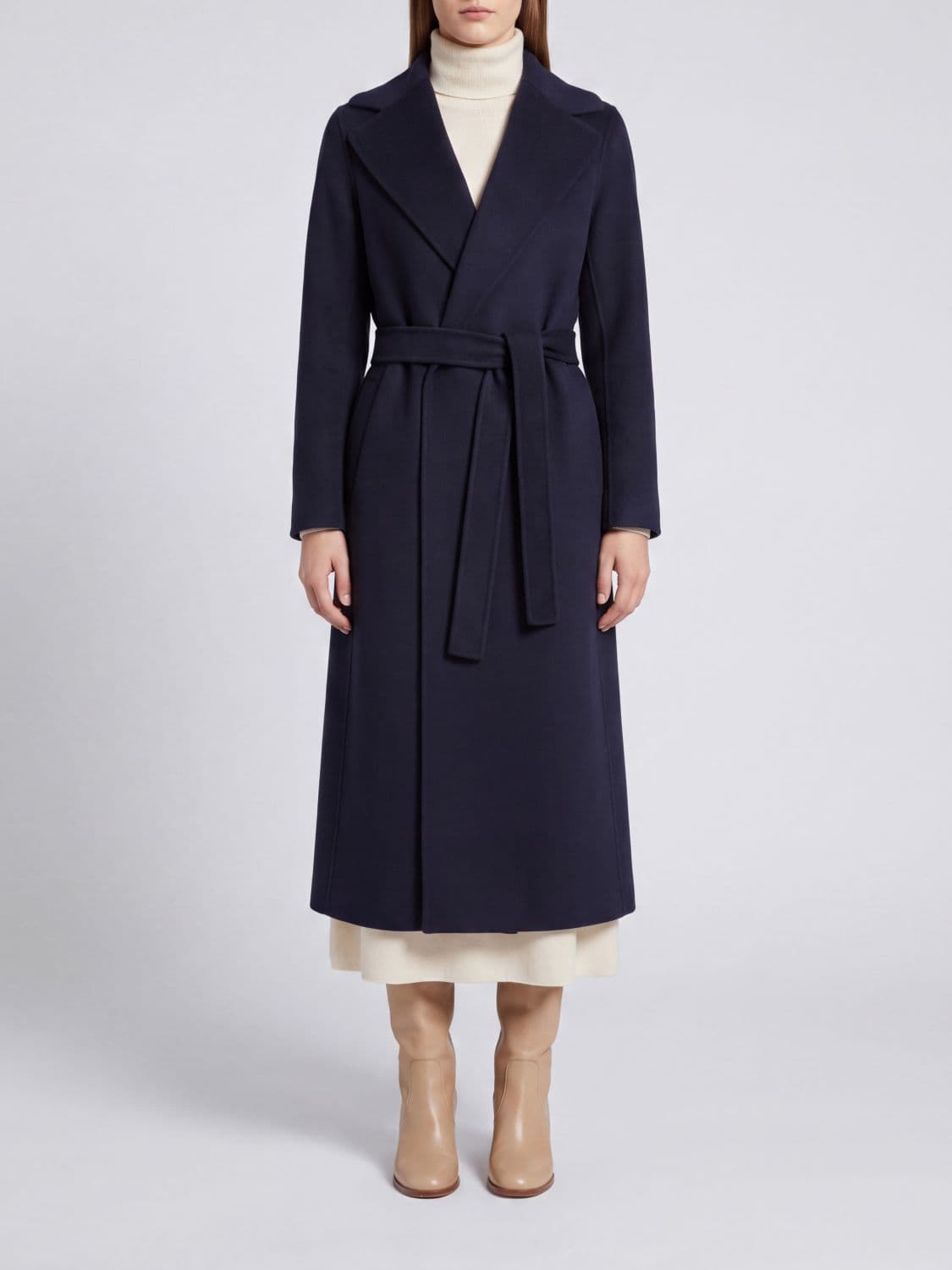 's Max Mara Long Belted Robe Coat in Wool with Lapel Collar