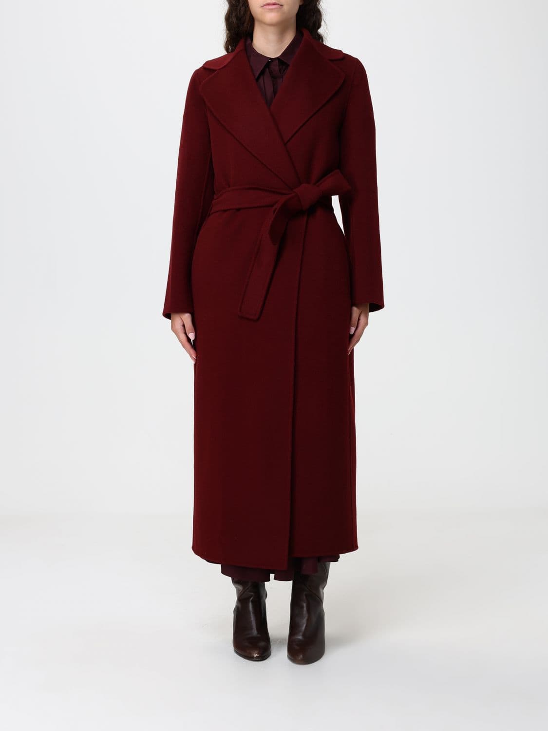 's Max Mara Long Belted Robe Coat in Wool with Lapel Collar