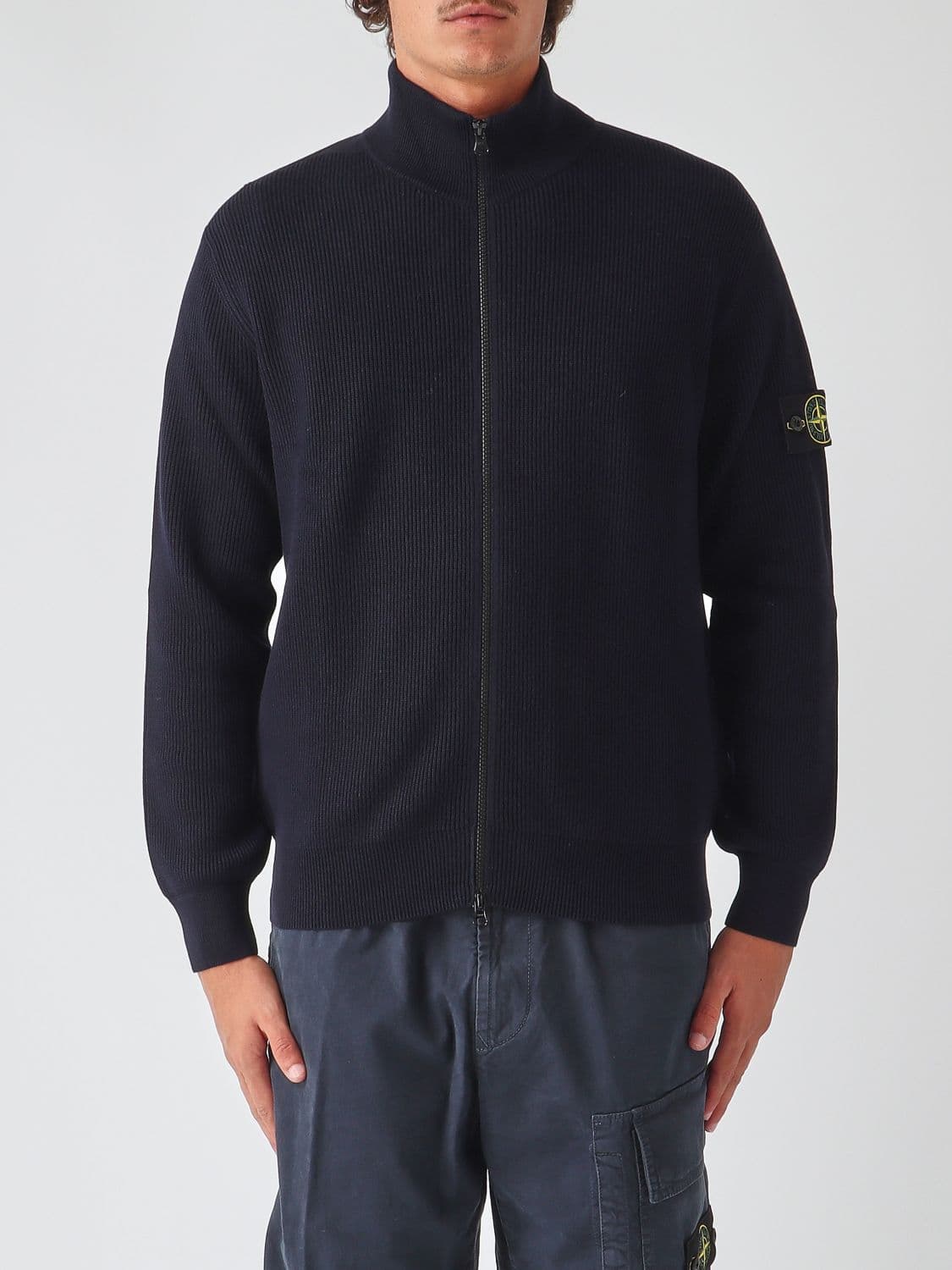 Stone Island High Neck Cardigan in Organic Cotton with Compass Logo