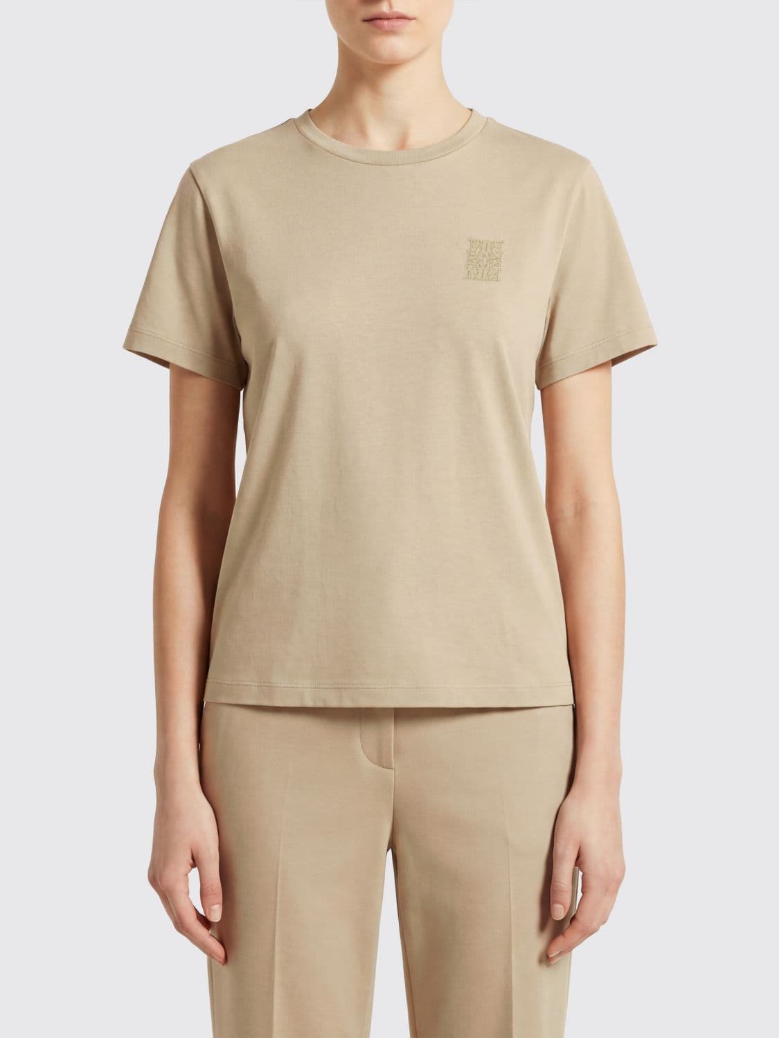Max Mara Cotton Blend Crew-Neck T-Shirt with Tone-on-Tone Logo