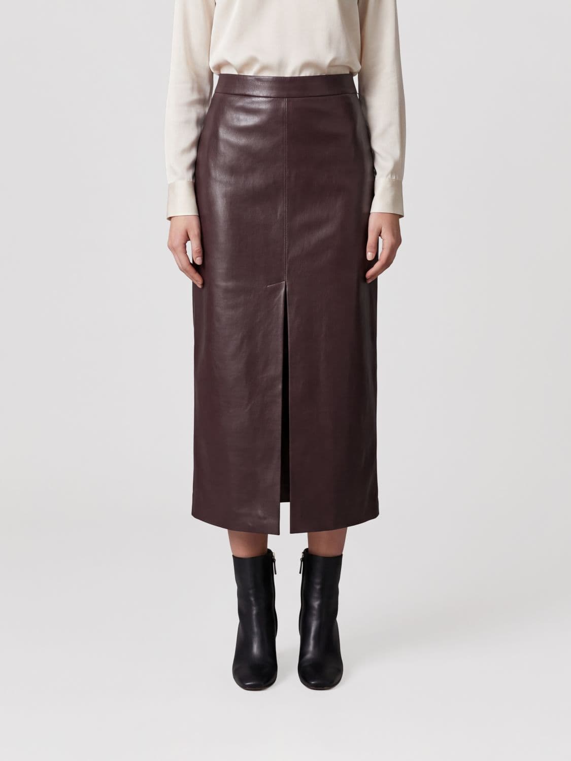Herno High-Waisted Faux Leather Midi Pencil Skirt with Front Slit