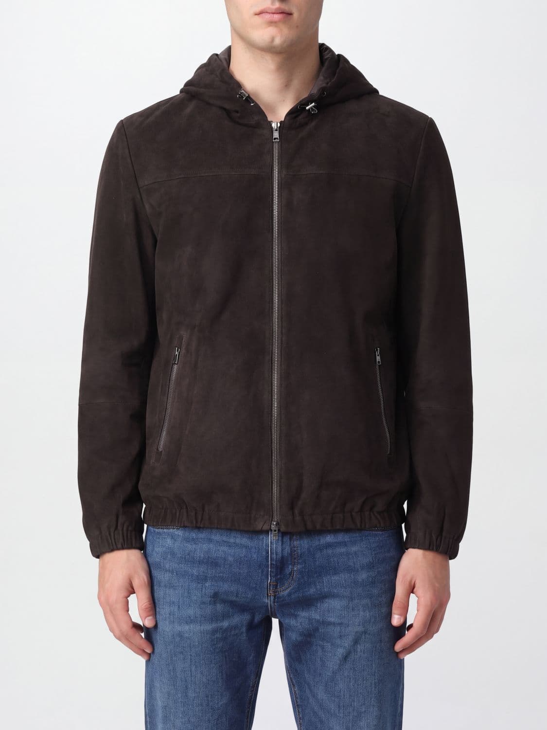 Herno Hooded Suede Sheepskin Leather Jacket with Zip Closure