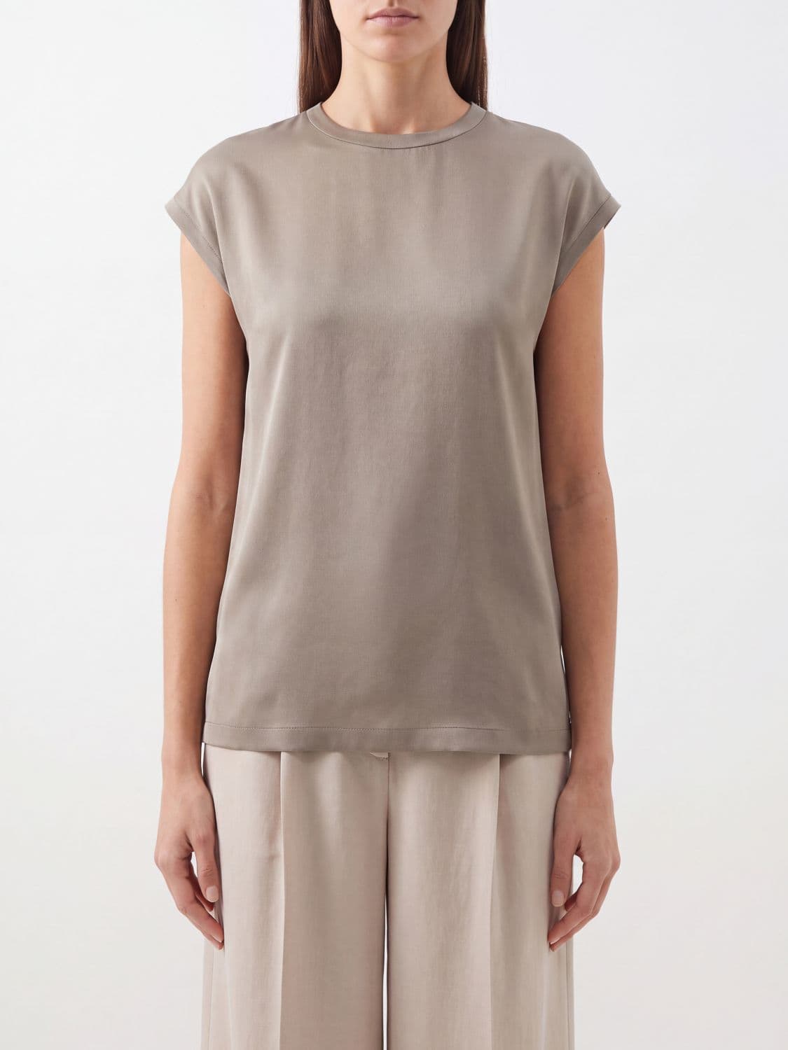 Brunello Cucinelli Sleeveless Silk Top with Crew Neck