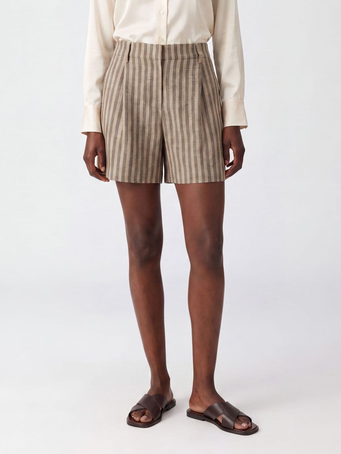 Brunello Cucinelli High-Waisted Striped Linen Blend Pleated Shorts