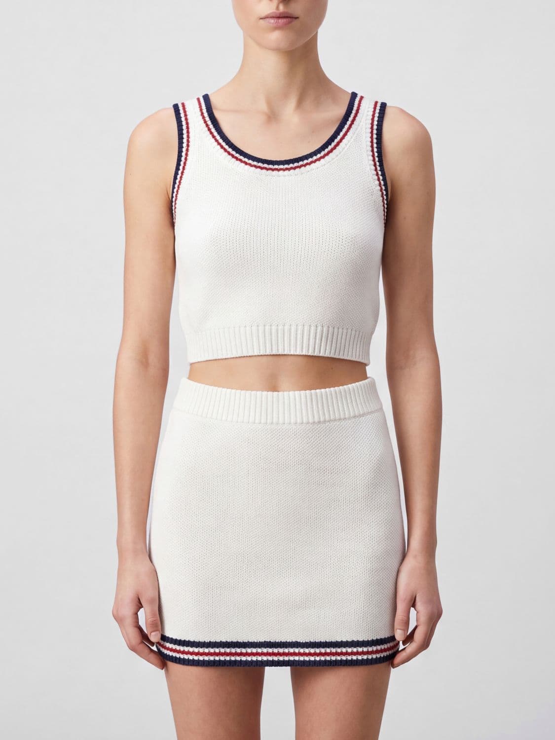 Brunello Cucinelli Sleeveless Cropped Cotton Knit Top with Contrast Trim