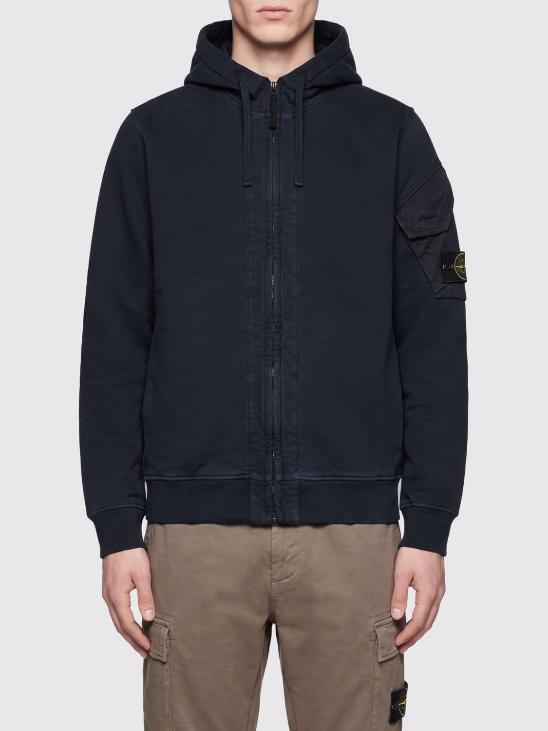 Stone Island Cotton Zip-Up Hooded Jumper with Drawstring and Compass Logo