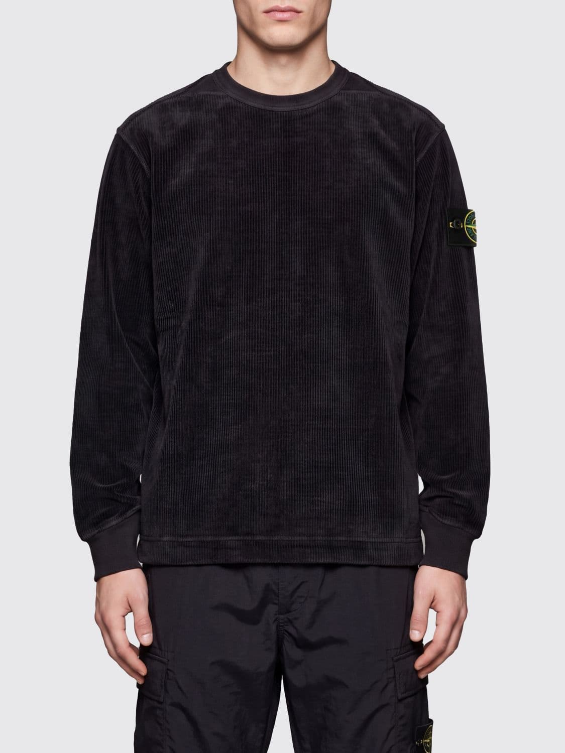 Stone Island Velvet Crewneck Jumper with Ribbed Hems and Compass Logo