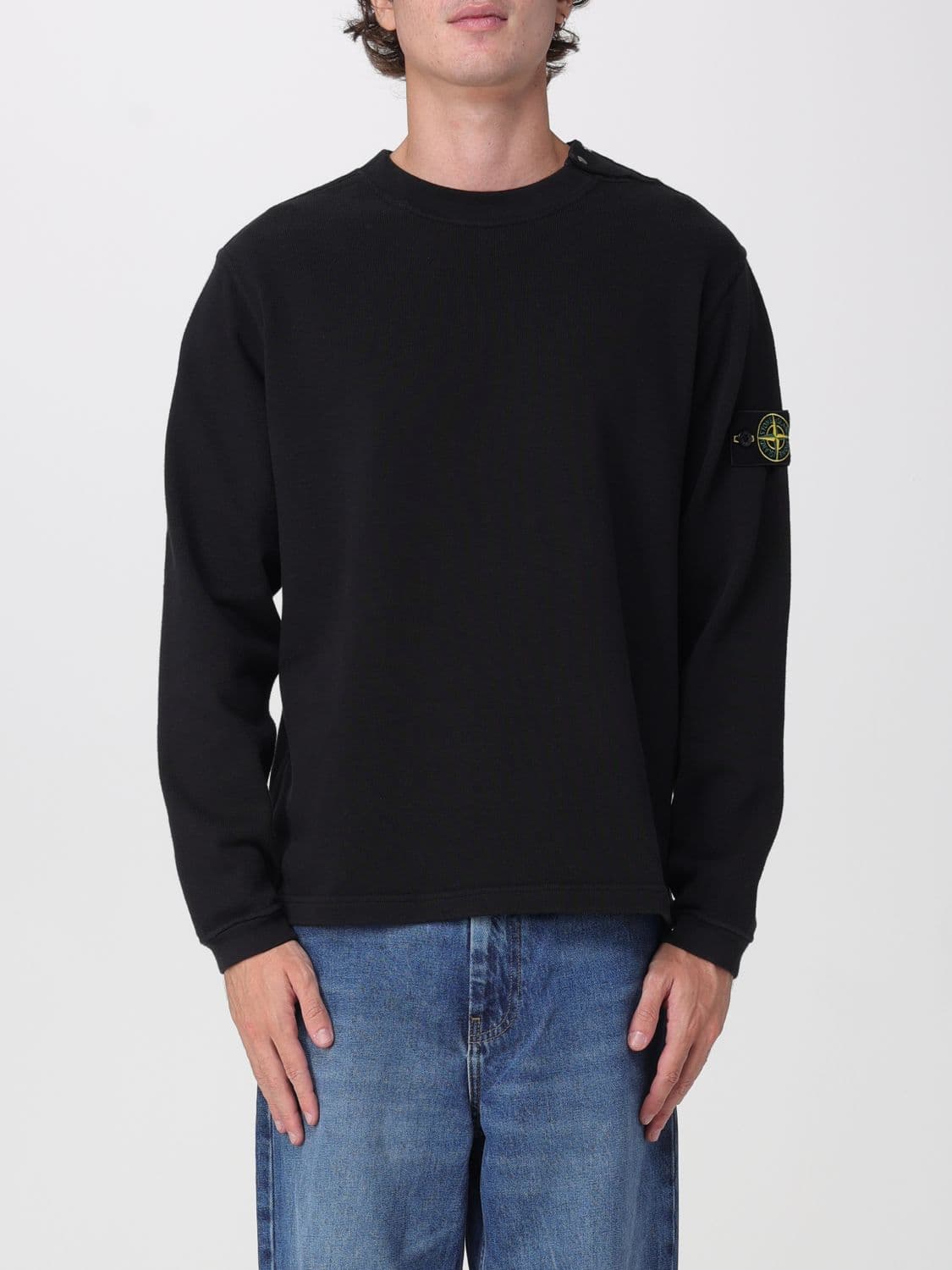 Stone Island Velvet Crewneck Jumper with Ribbed Hems and Compass Logo
