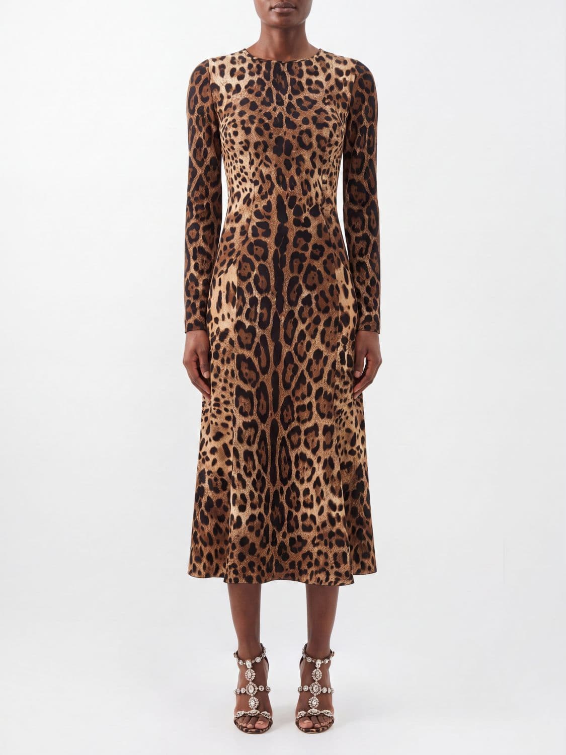 Dolce & Gabbana Long-Sleeved A-Line Midi Dress in Jersey with Crew Neck