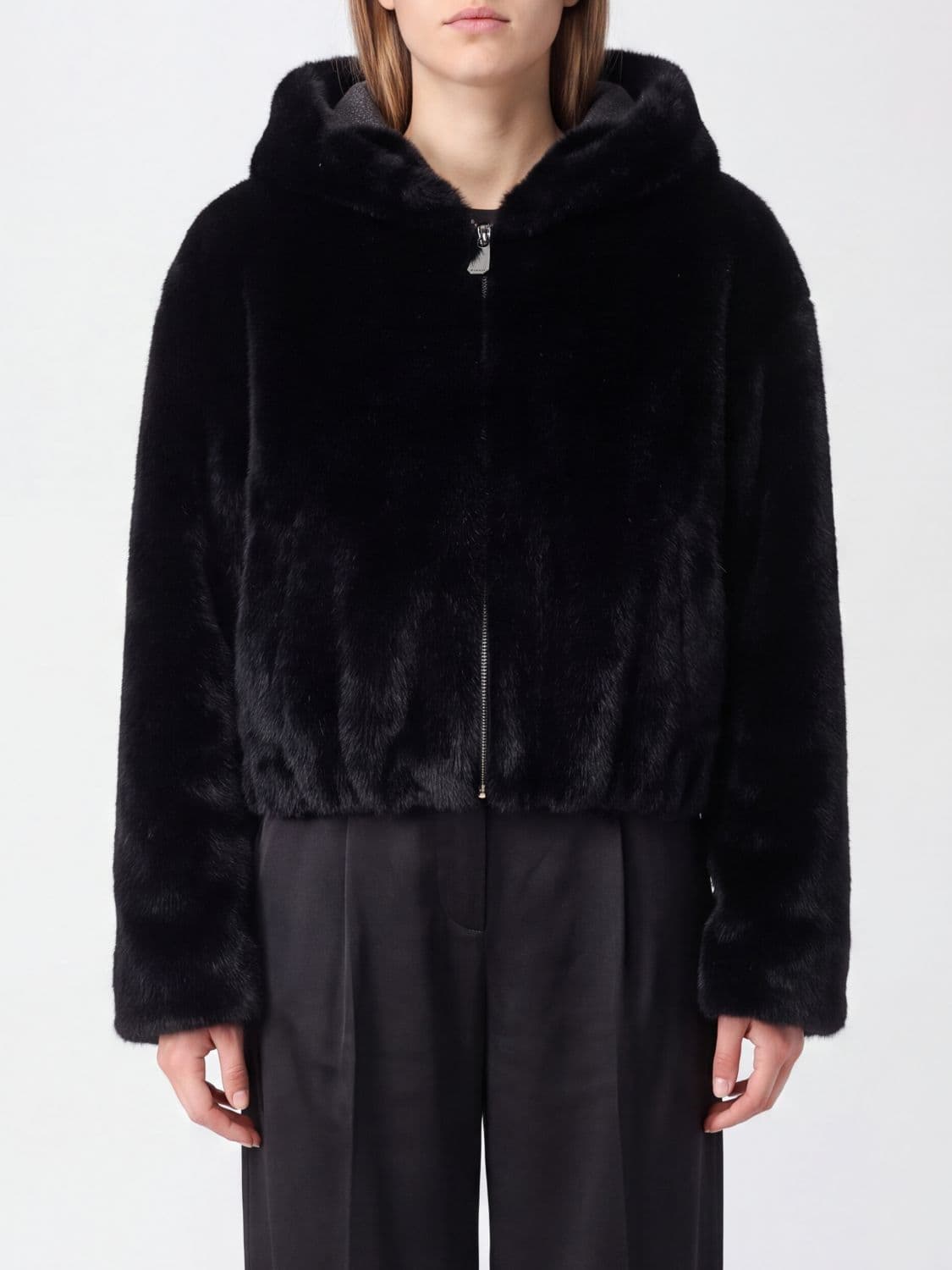Pinko Short Faux Fur Hooded Jacket with Dropped Shoulders