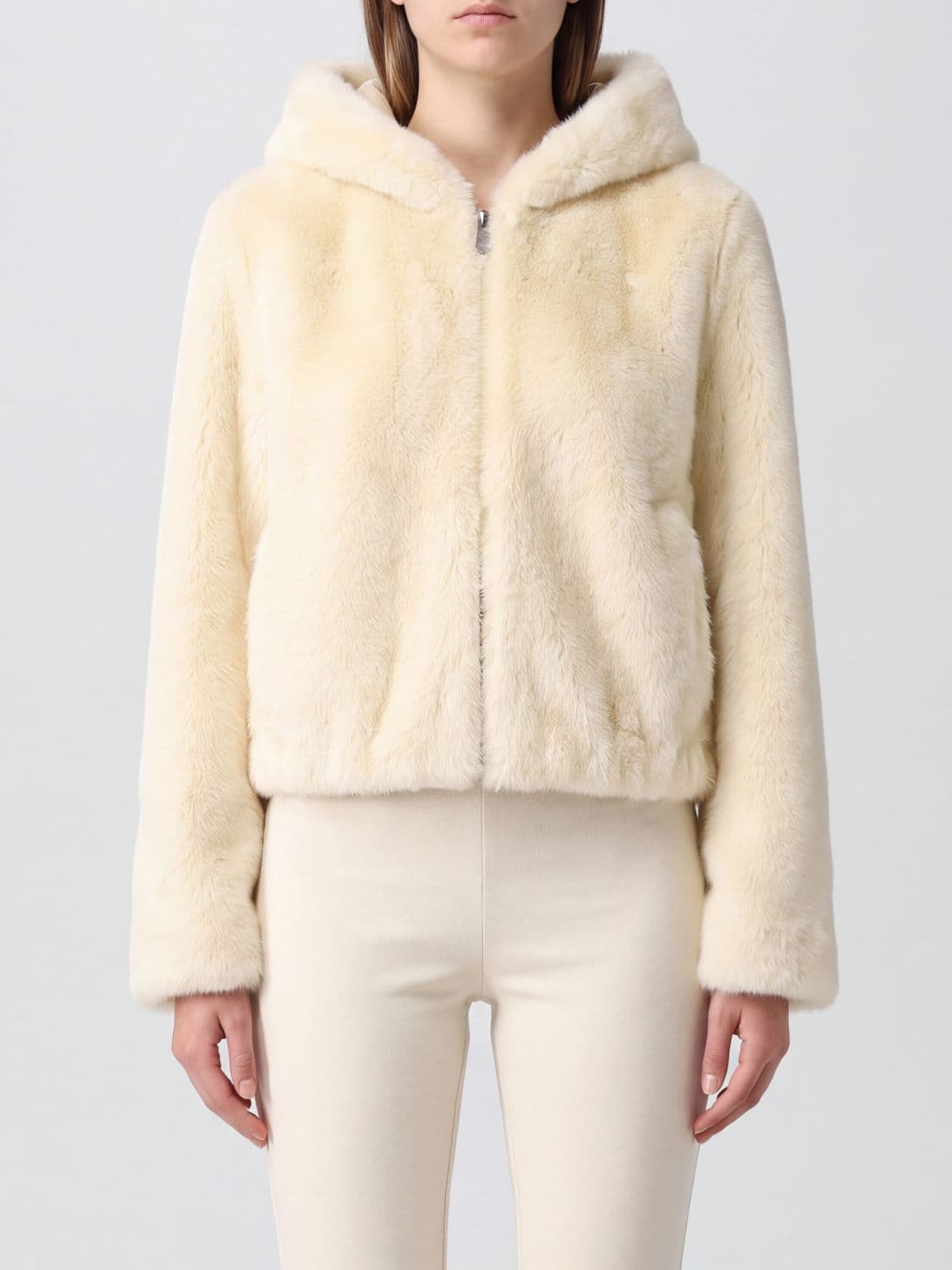 Pinko Short Faux Fur Hooded Jacket with Dropped Shoulders