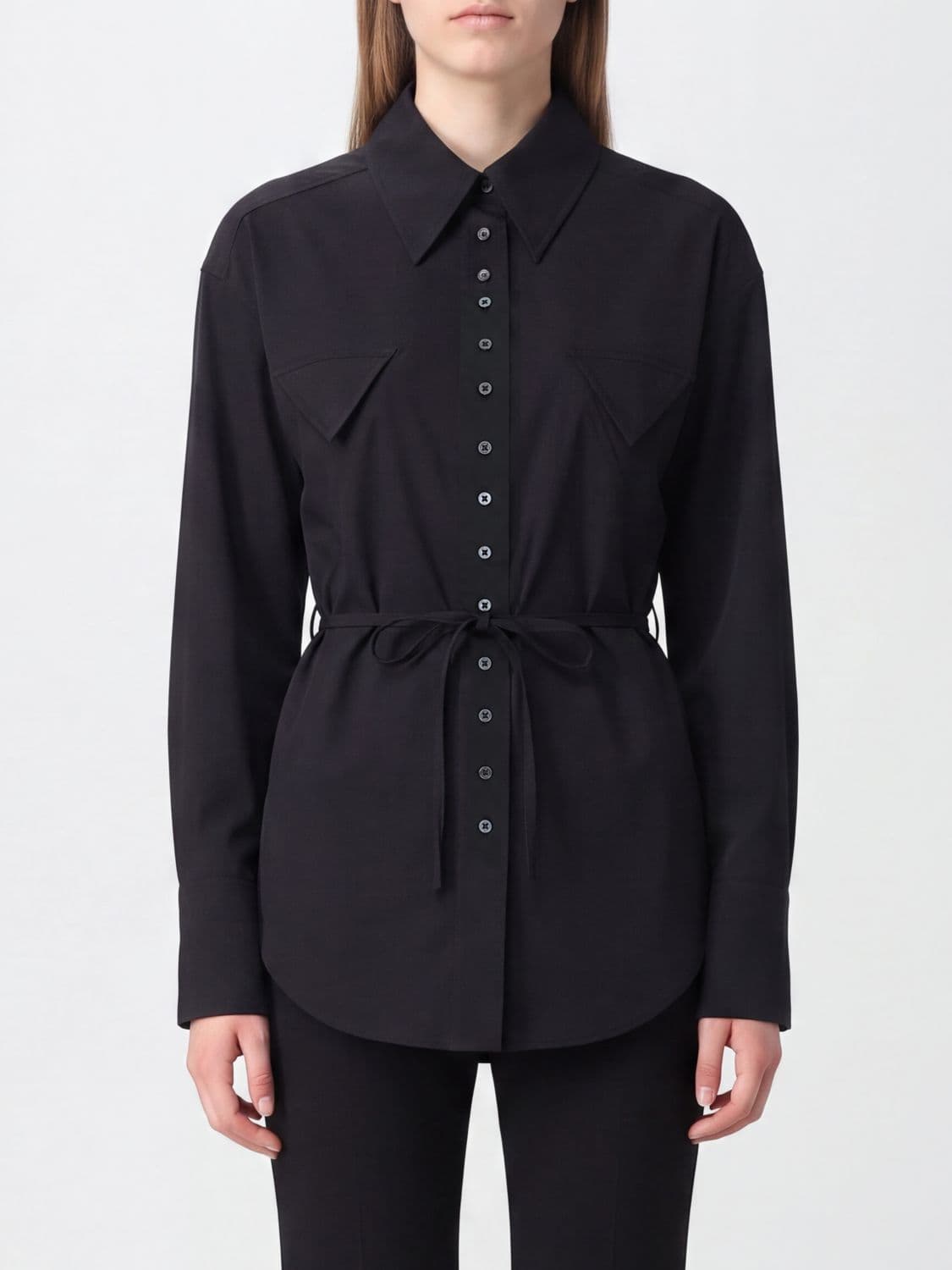 Pinko Long-Sleeved Shirt in a Cotton and Lyocell Blend with a Tie-Waist Belt