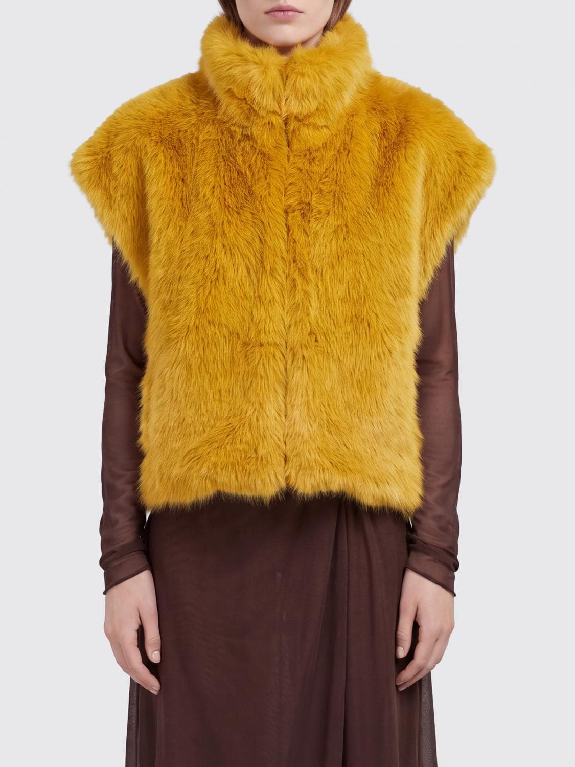 Pinko Faux Fur Gilet with Funnel Neck and Short Sleeves