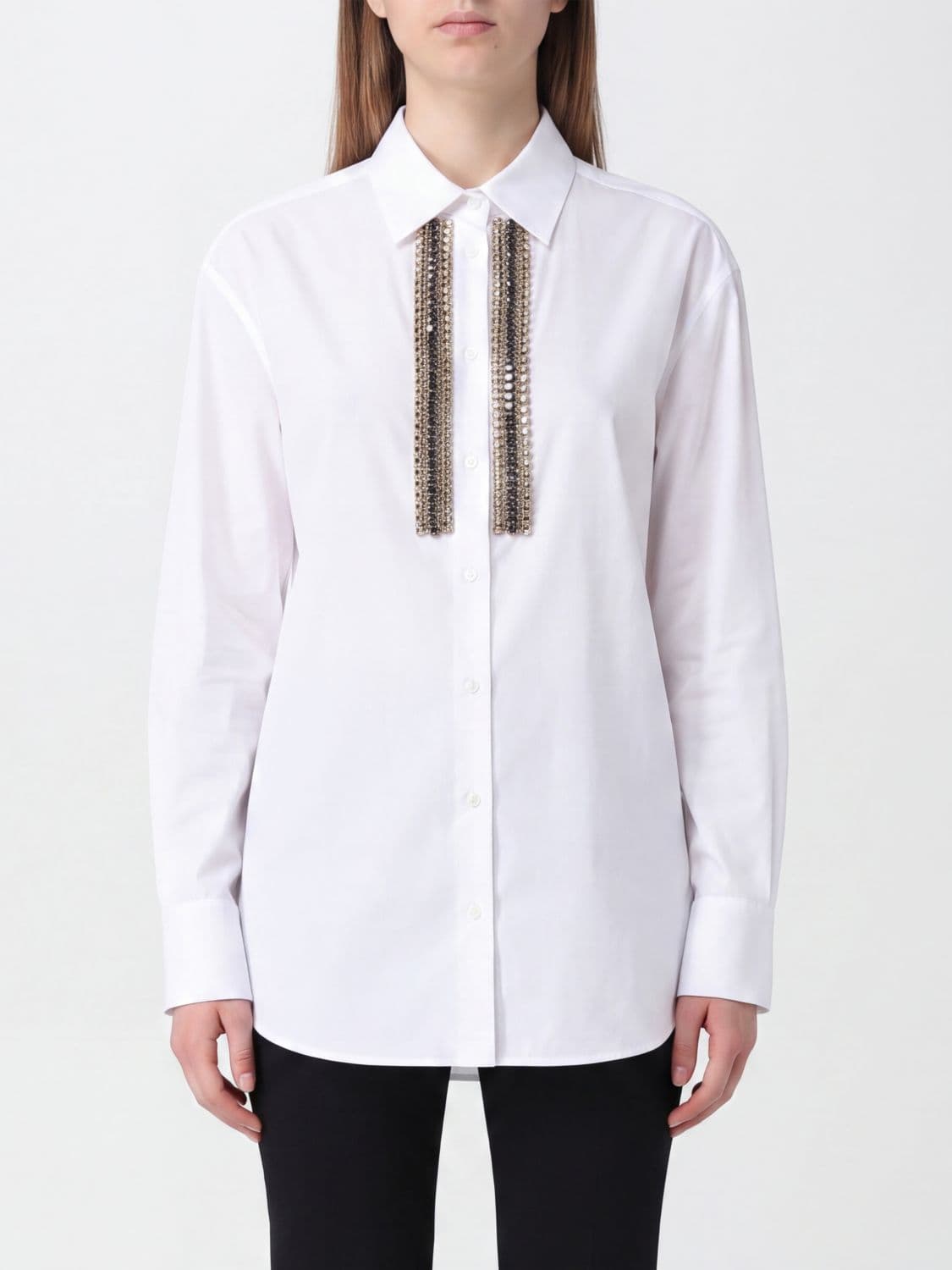 Pinko Slim Fit Cotton Shirt with Bead and Rhinestone Embellishments