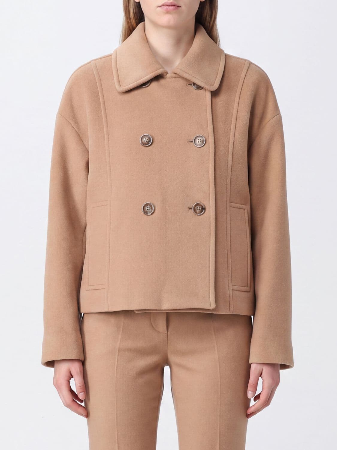 Pinko Double-Breasted Wool-Blend Peacoat with Dropped Shoulders
