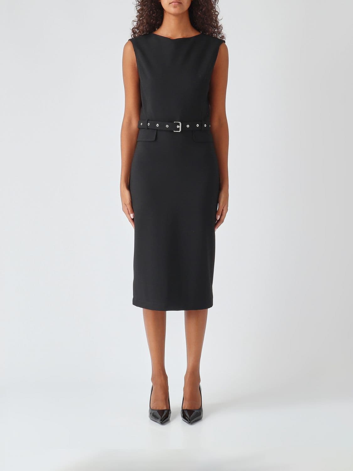 Pinko Sleeveless Crêpe Sheath Midi Dress with a Waist Belt