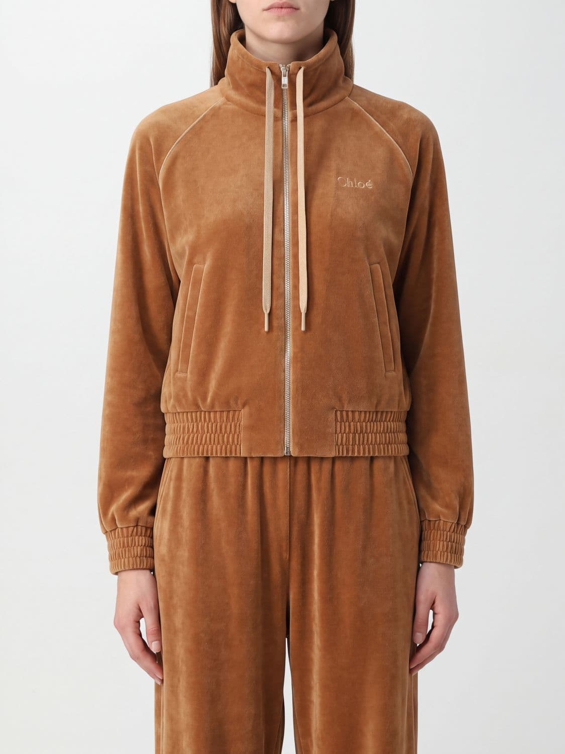 Chloé Cotton Velvet Zip-Up Sweatshirt with High Neck and Contrast Logo