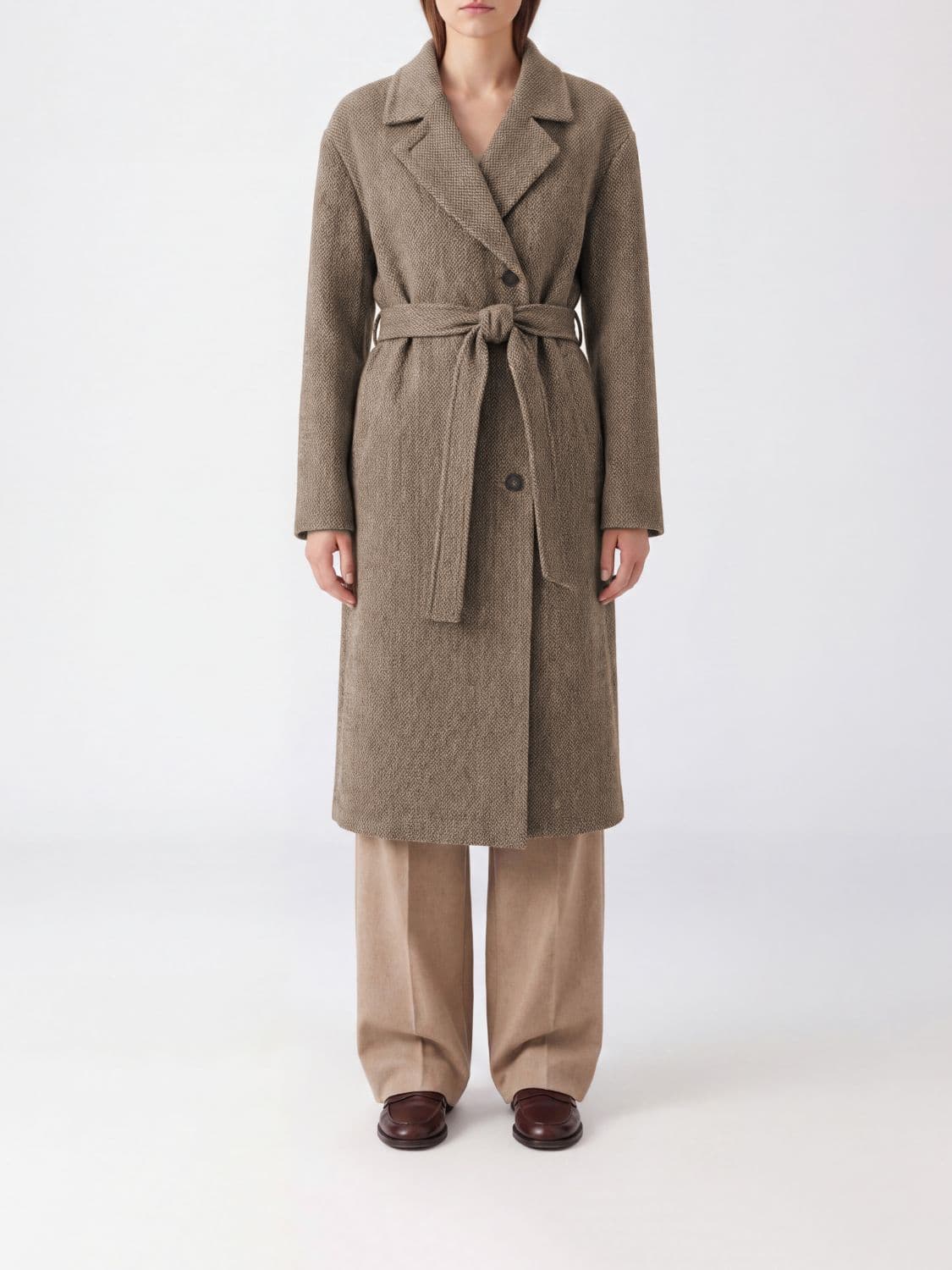 Brunello Cucinelli Chevron Wool Double-Breasted Belted Coat