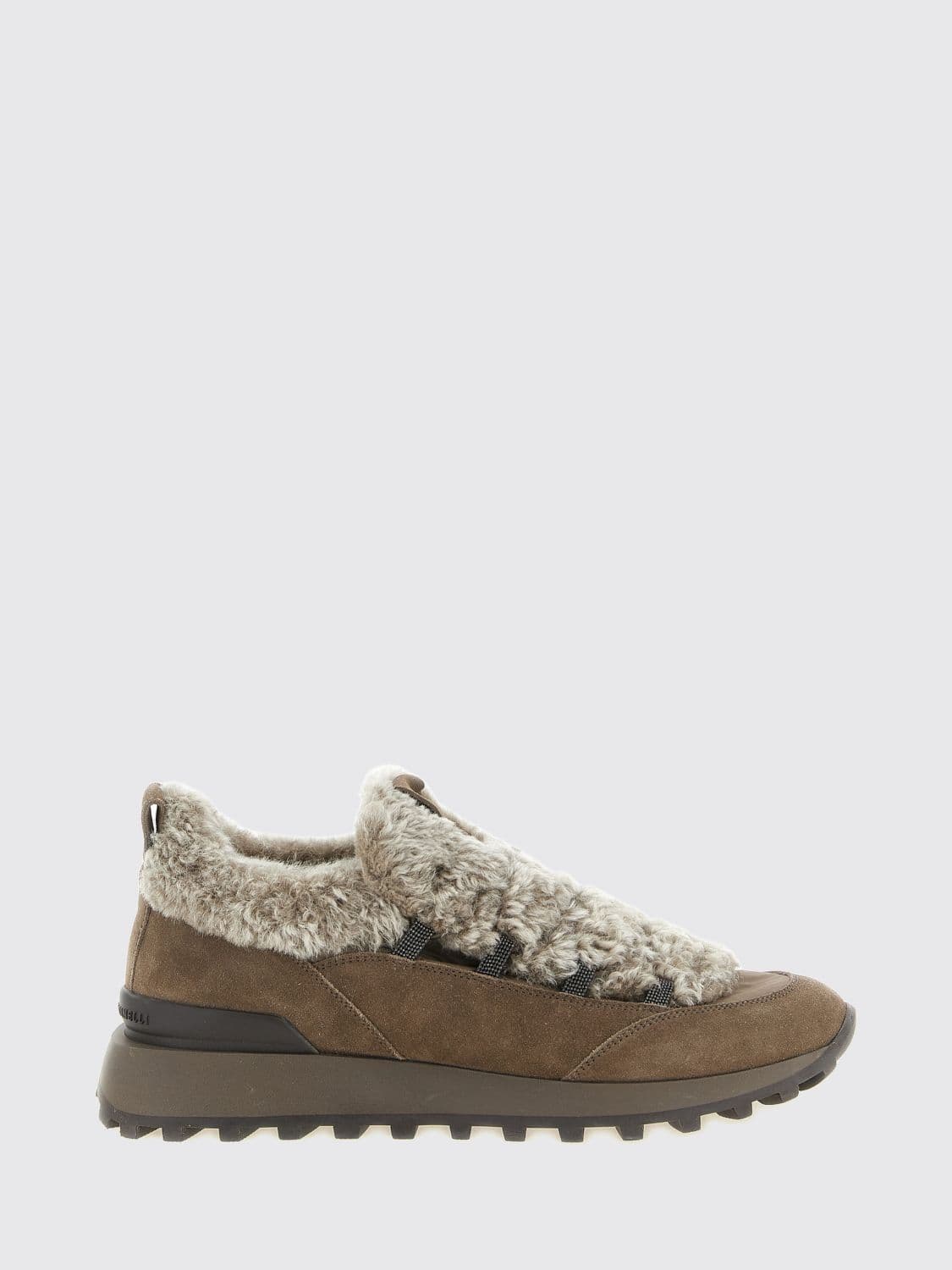 Brunello Cucinelli Leather and Shearling Low Top Sneakers with Monili Detail