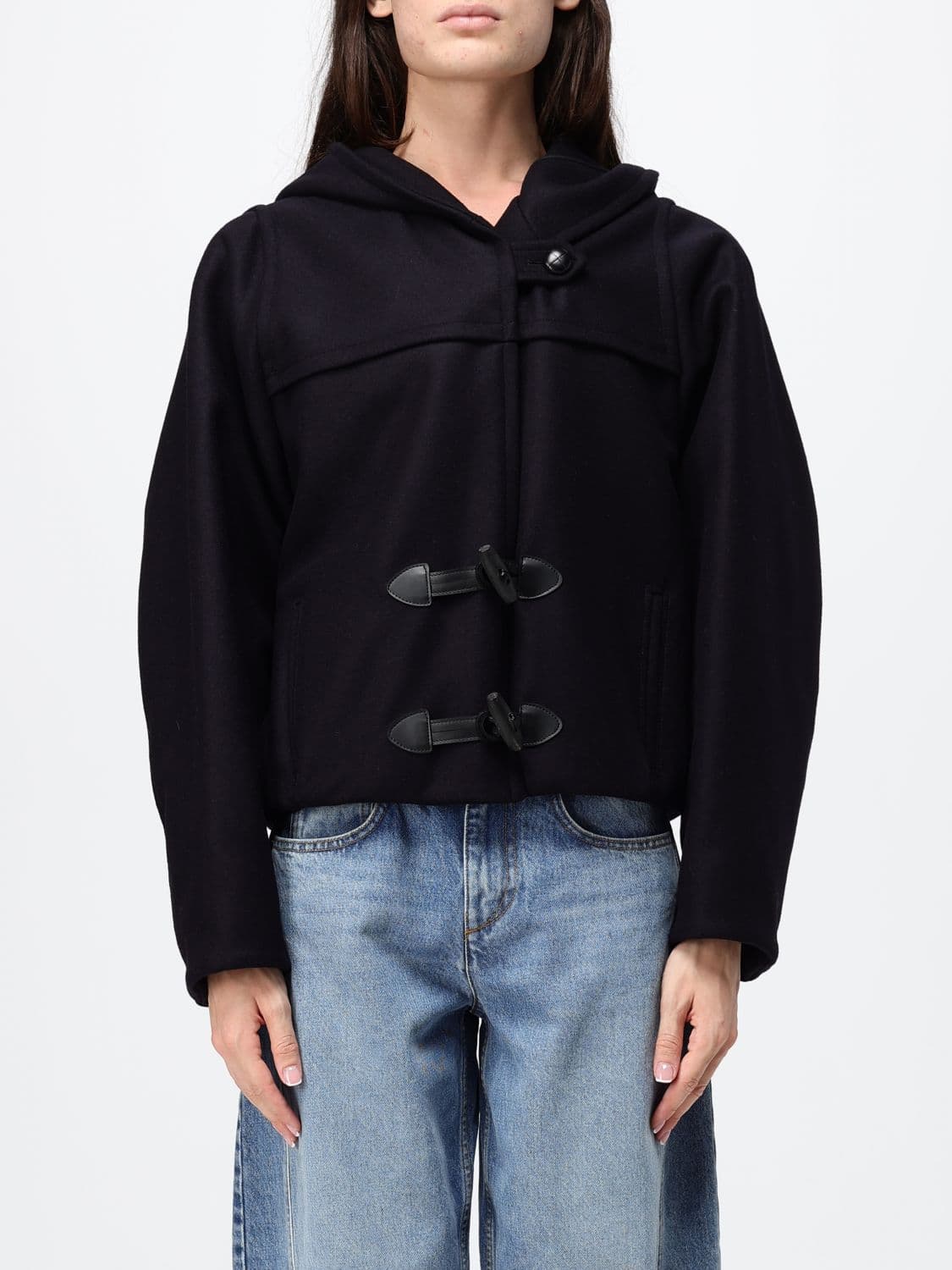 Isabel Marant Short Cotton Duffle Coat with Hood and Leather Inserts