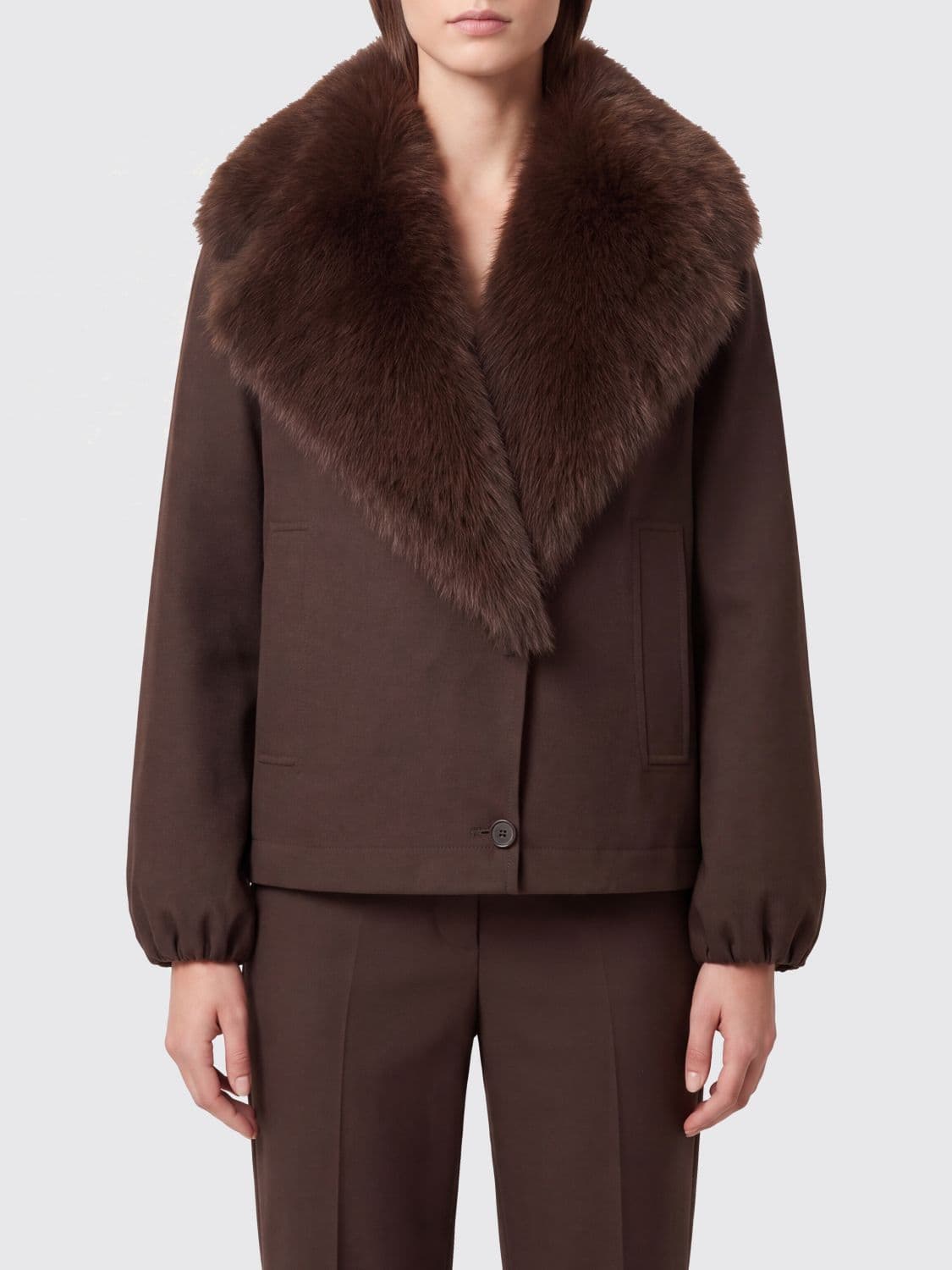 Twinset Cotton Gabardine Coat with Faux Fur Collar