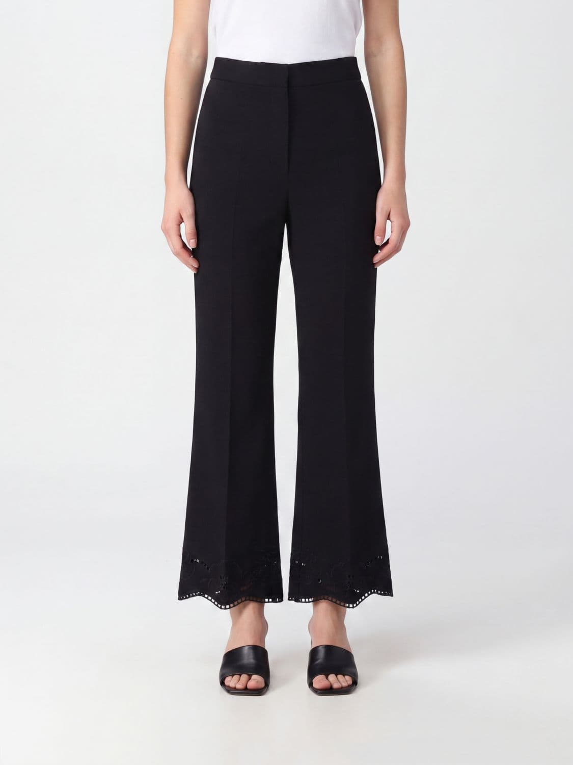 Twinset High-Waisted Flared Trousers in Viscose-Blend with Lace Inserts