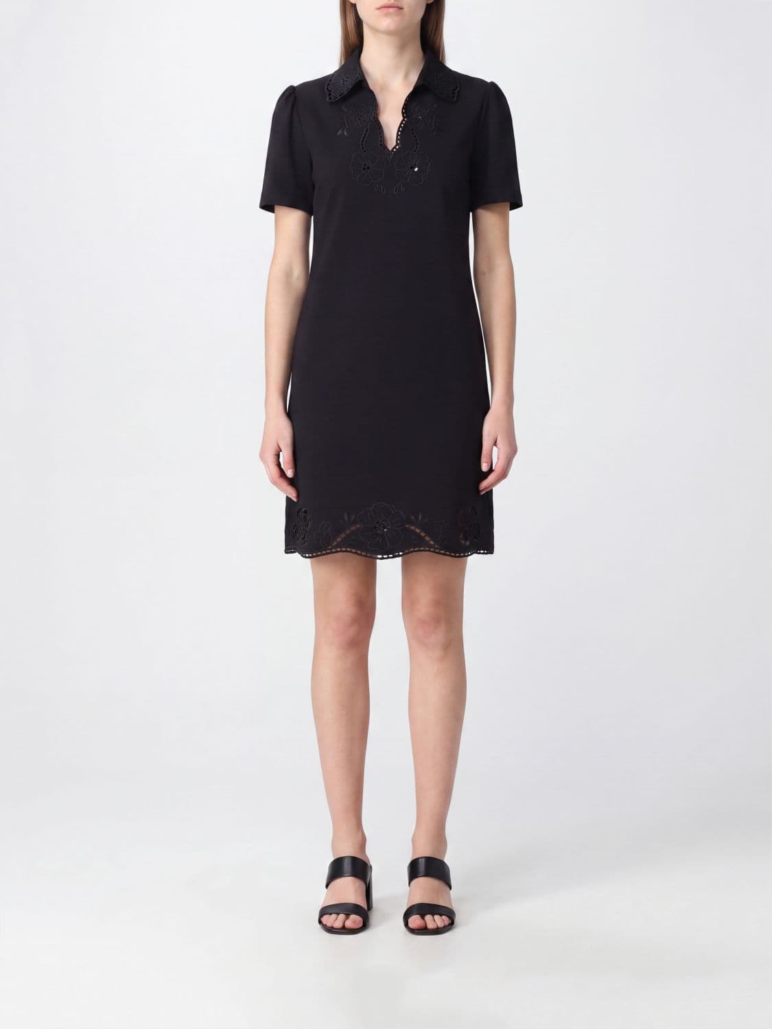 Twinset Mini Chemisier Dress in Viscose with Embroidered Lace Inserts