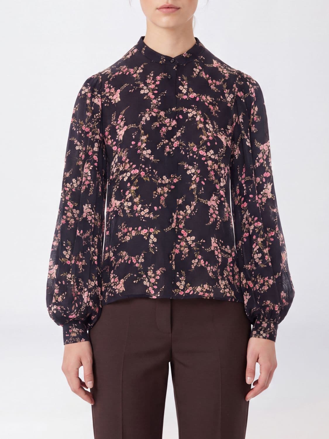 Twinset Floral Print Viscose Shirt with Mandarin Collar