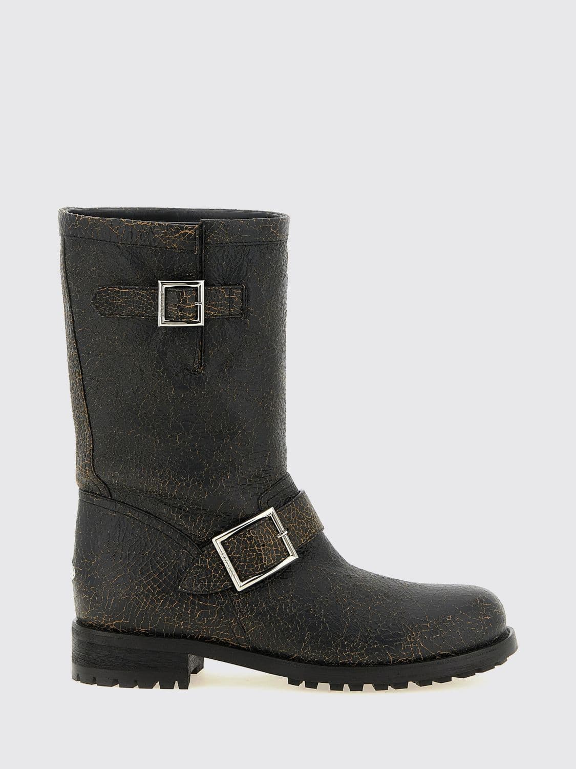 Jimmy Choo Cracked Leather Biker Boots with Buckles and Lug Sole