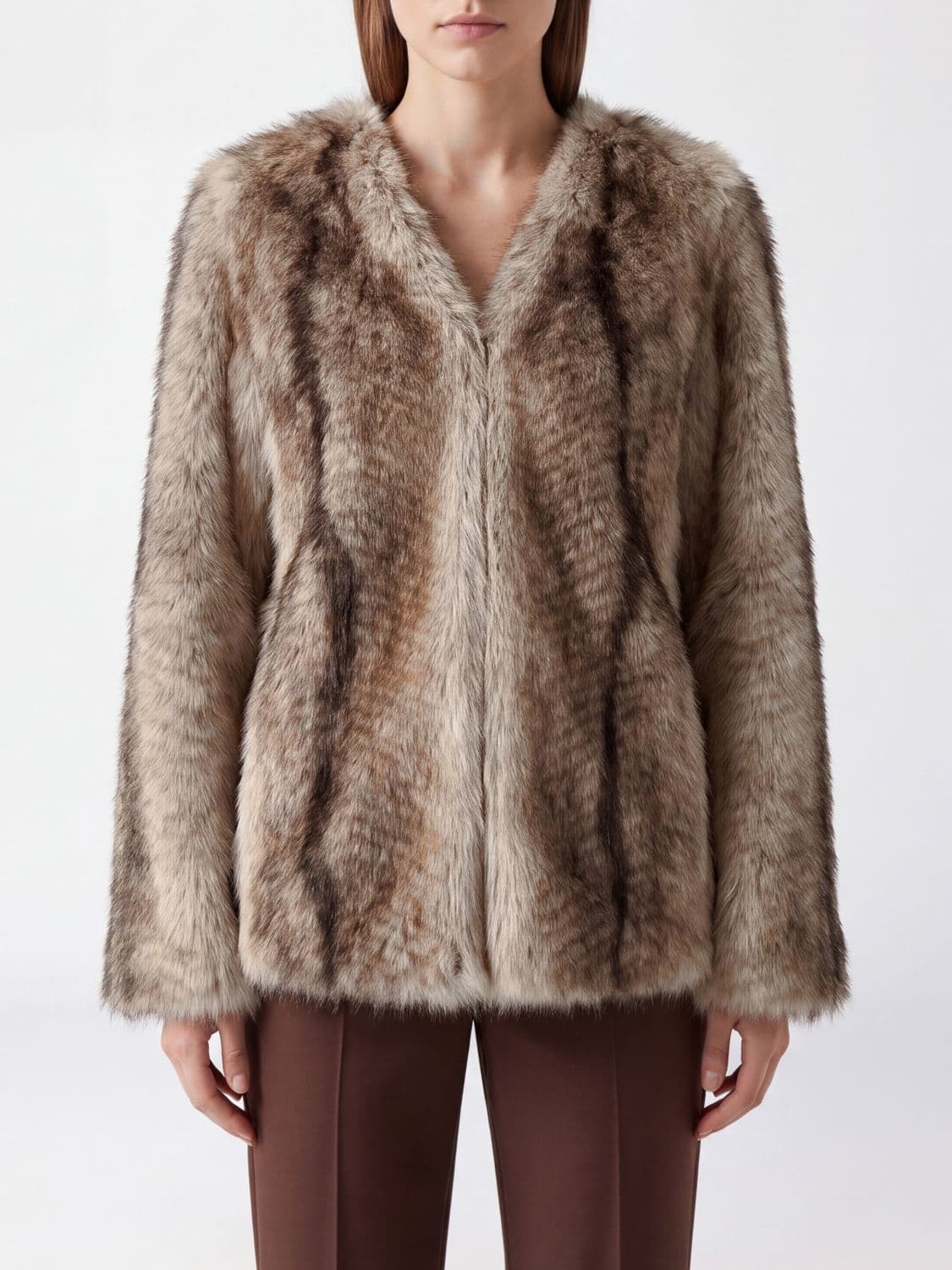 Twinset V-Neck Abstract Pattern Faux Fur Coat