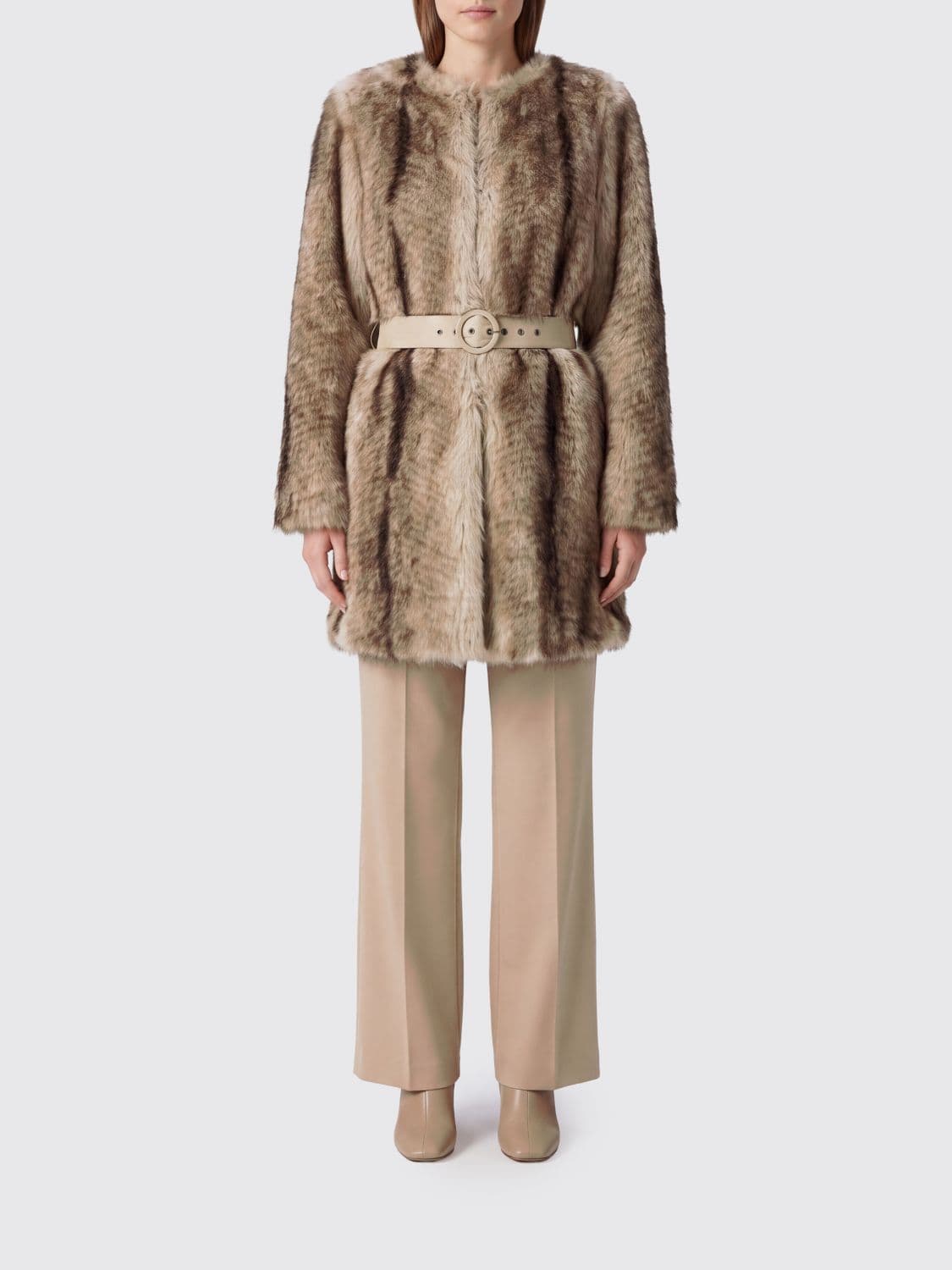Twinset Crewneck Abstract Pattern Faux Fur Coat with Belt