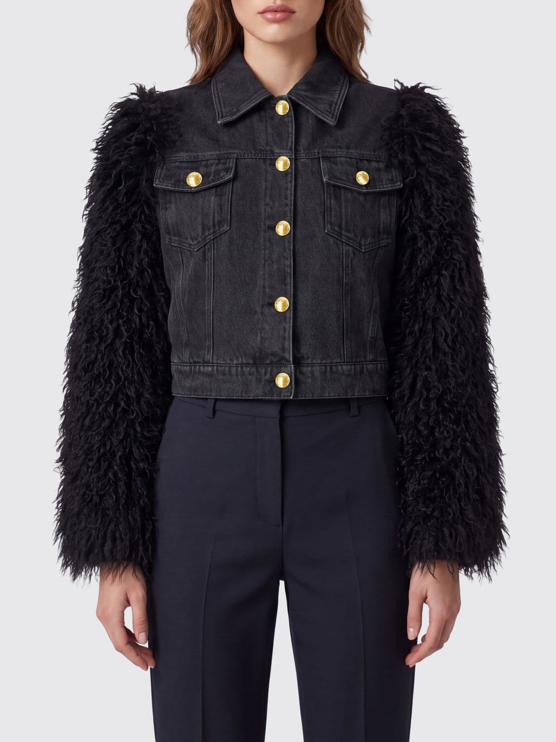 Twinset Cotton Denim Jacket with Faux Fur Details