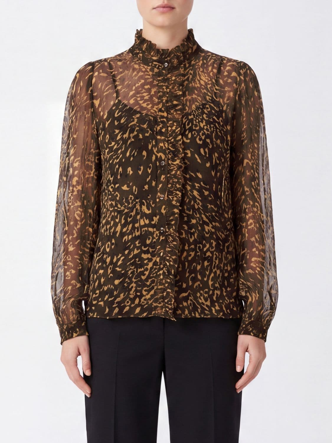 Twinset Animal Print Georgette Shirt with a Ruffled High Neck