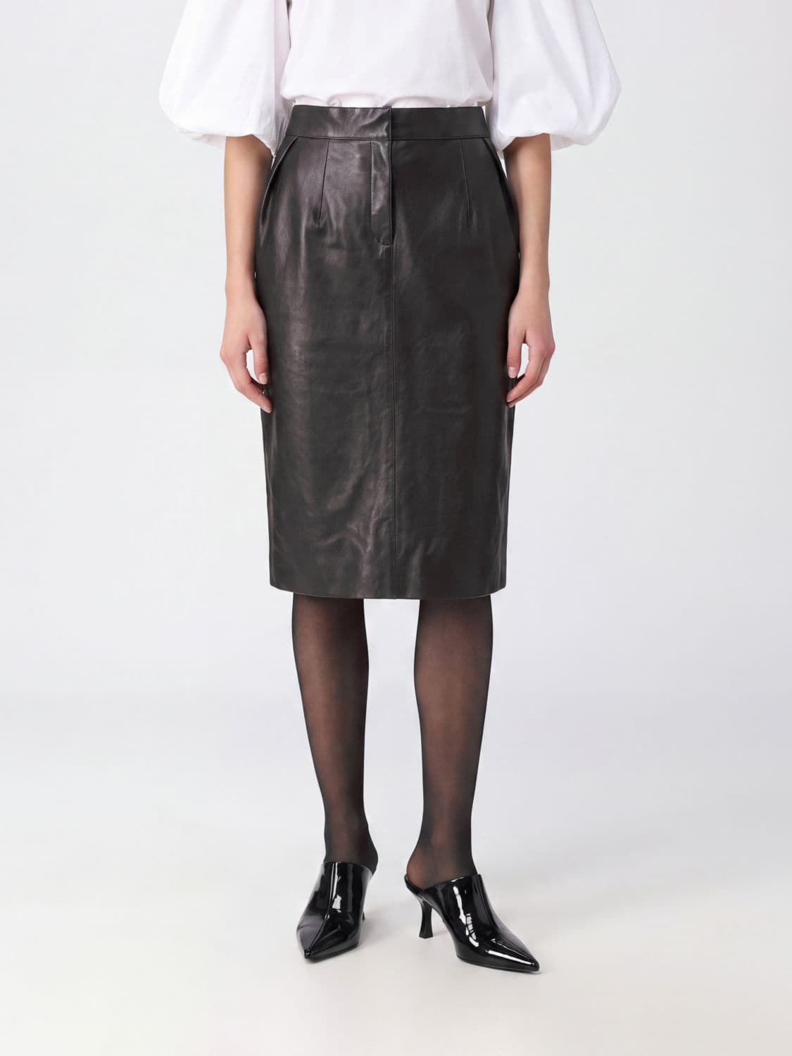 Magda Butrym High-Waisted Leather Pencil Midi Skirt with Back Slit
