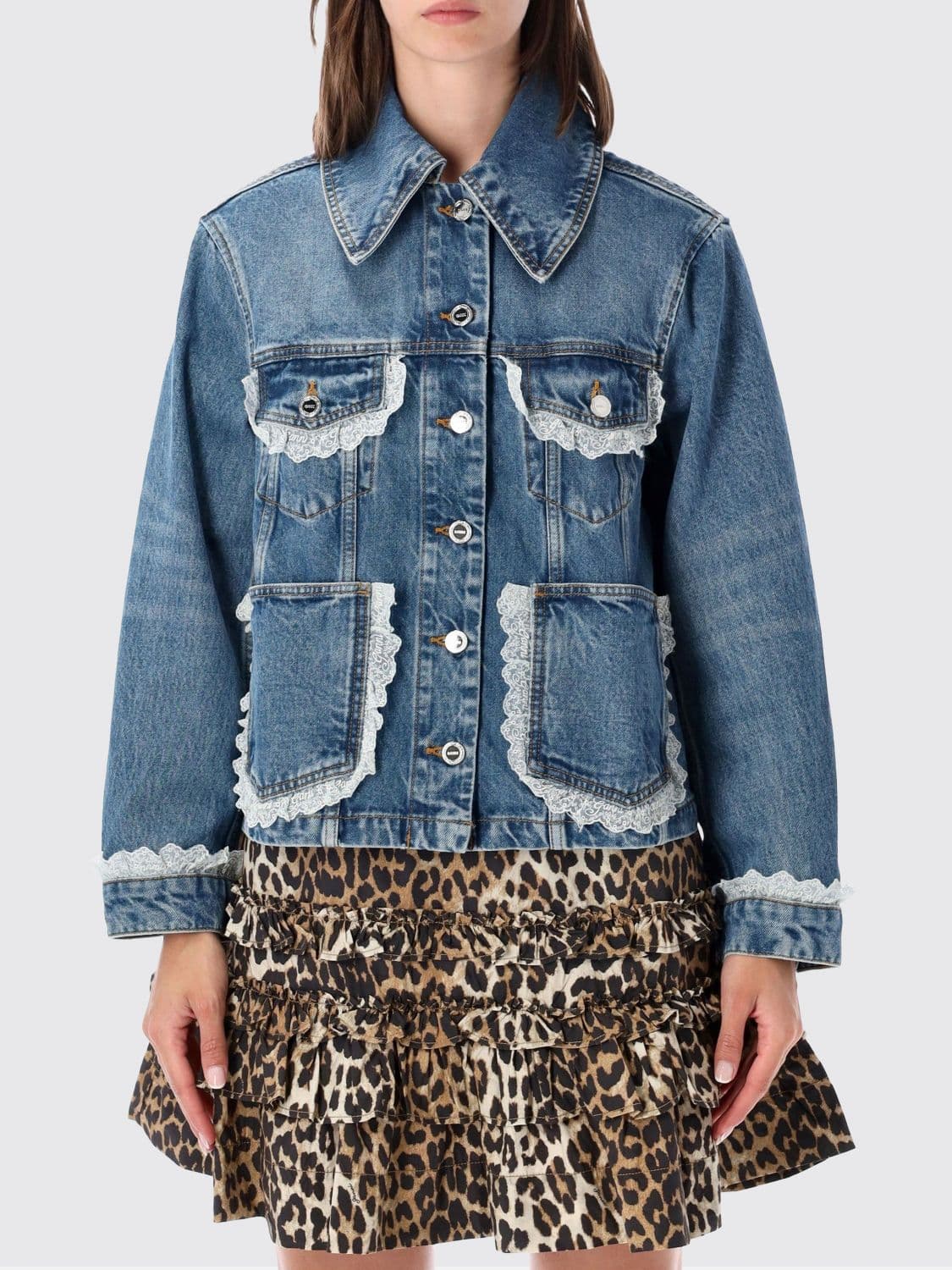 Ganni Cropped Organic Cotton Denim Jacket with Lace Inserts