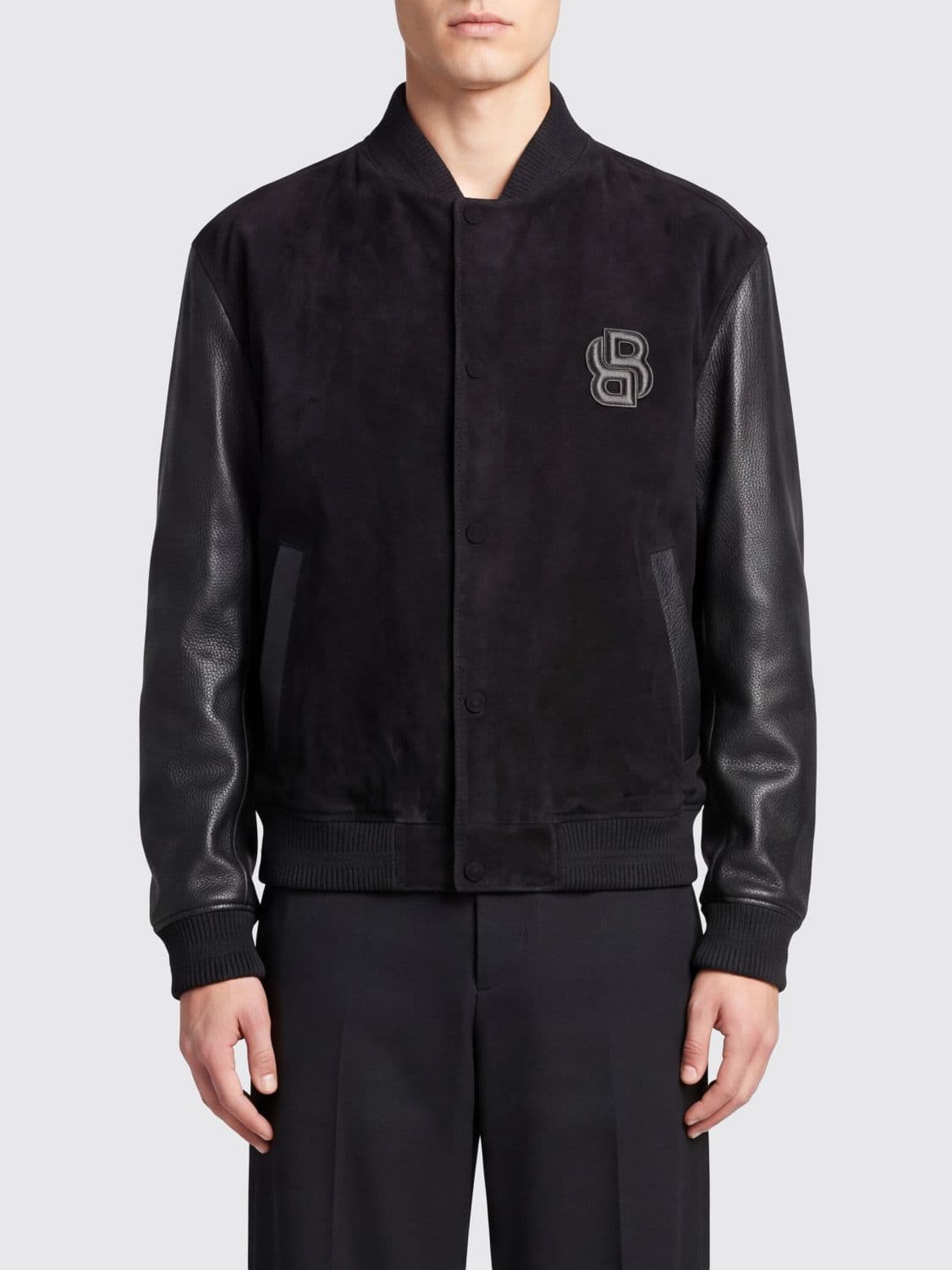 Boss Faux Leather Varsity Bomber Jacket with Tone-on-Tone Logo