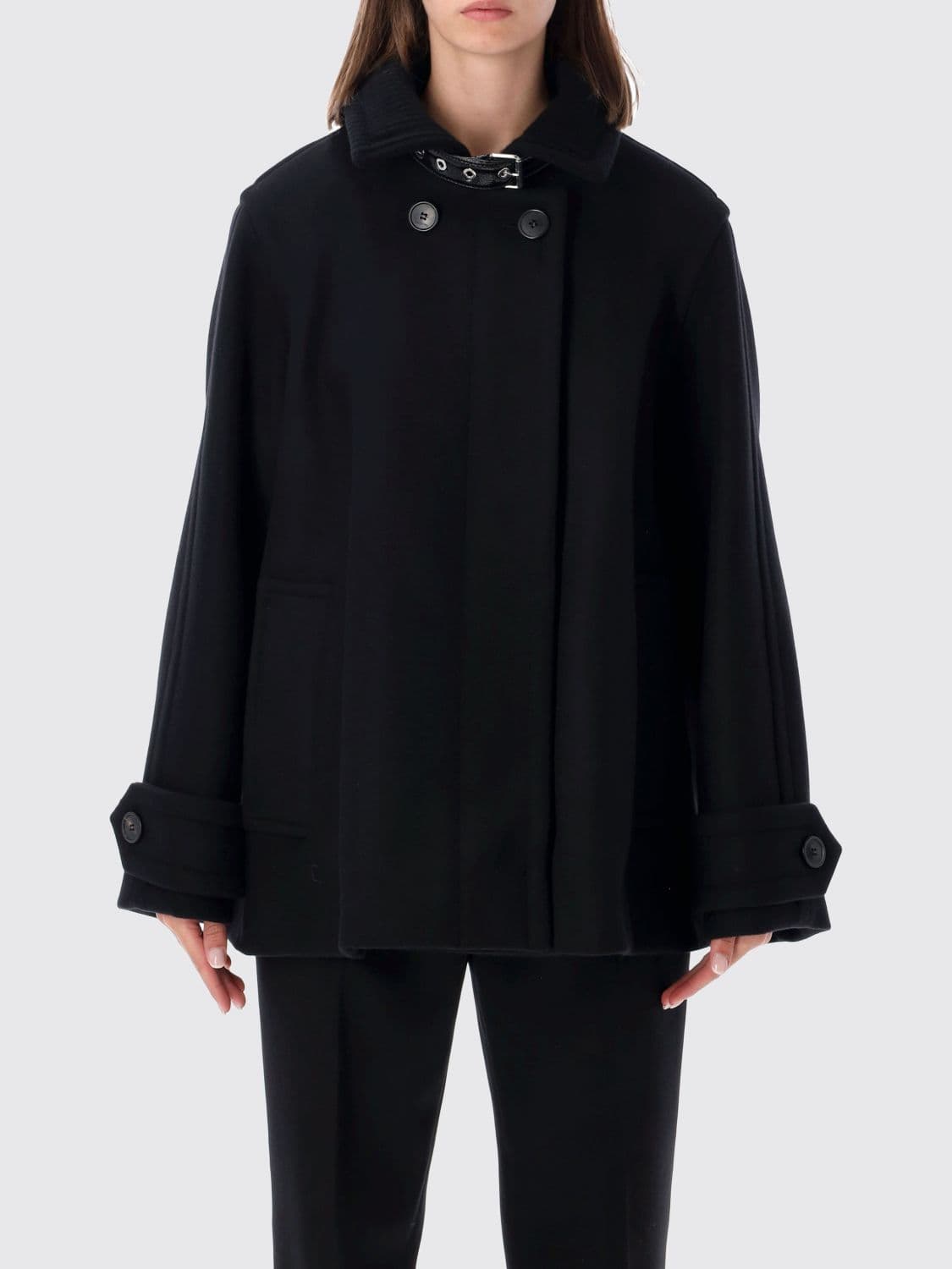 Lanvin Short Double-Breasted Coat in a Wool and Cashmere Blend with Strap Cuffs