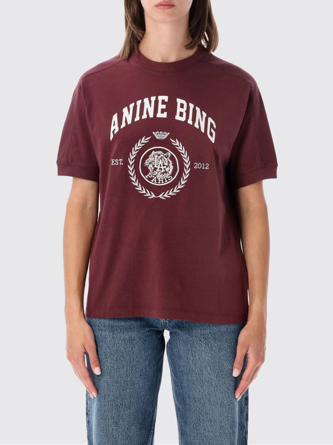 Anine Bing Printed Logo Cotton T-shirt with Crew Neck