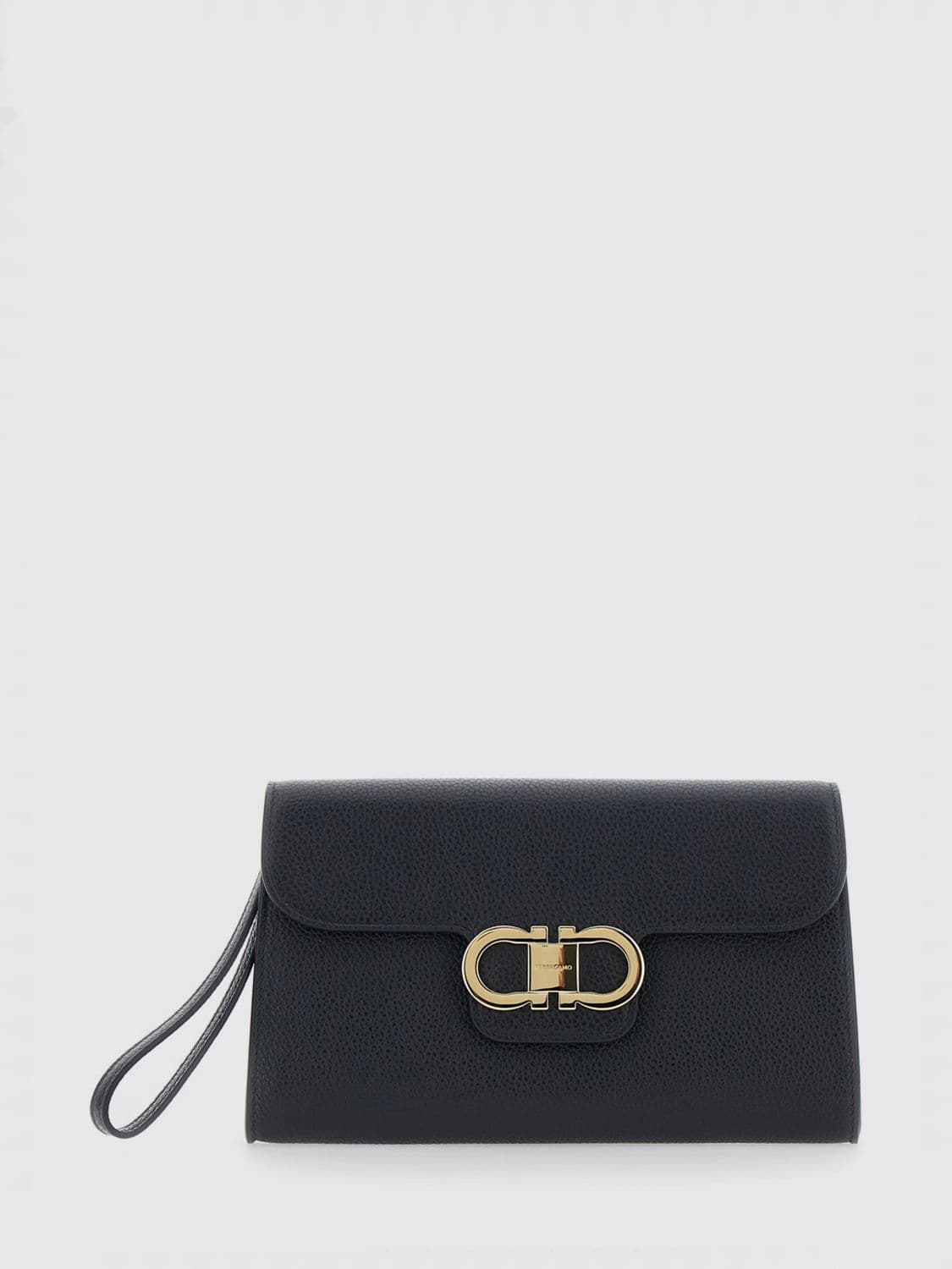 Ferragamo Gancini Pouch in Grained Calfskin with Wrist Strap · OS