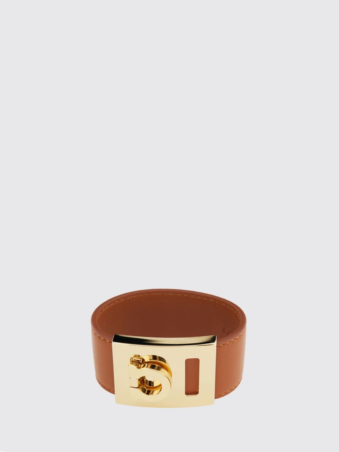 Ferragamo Lambskin Leather and Brass Bracelet with Logo Detail · OS