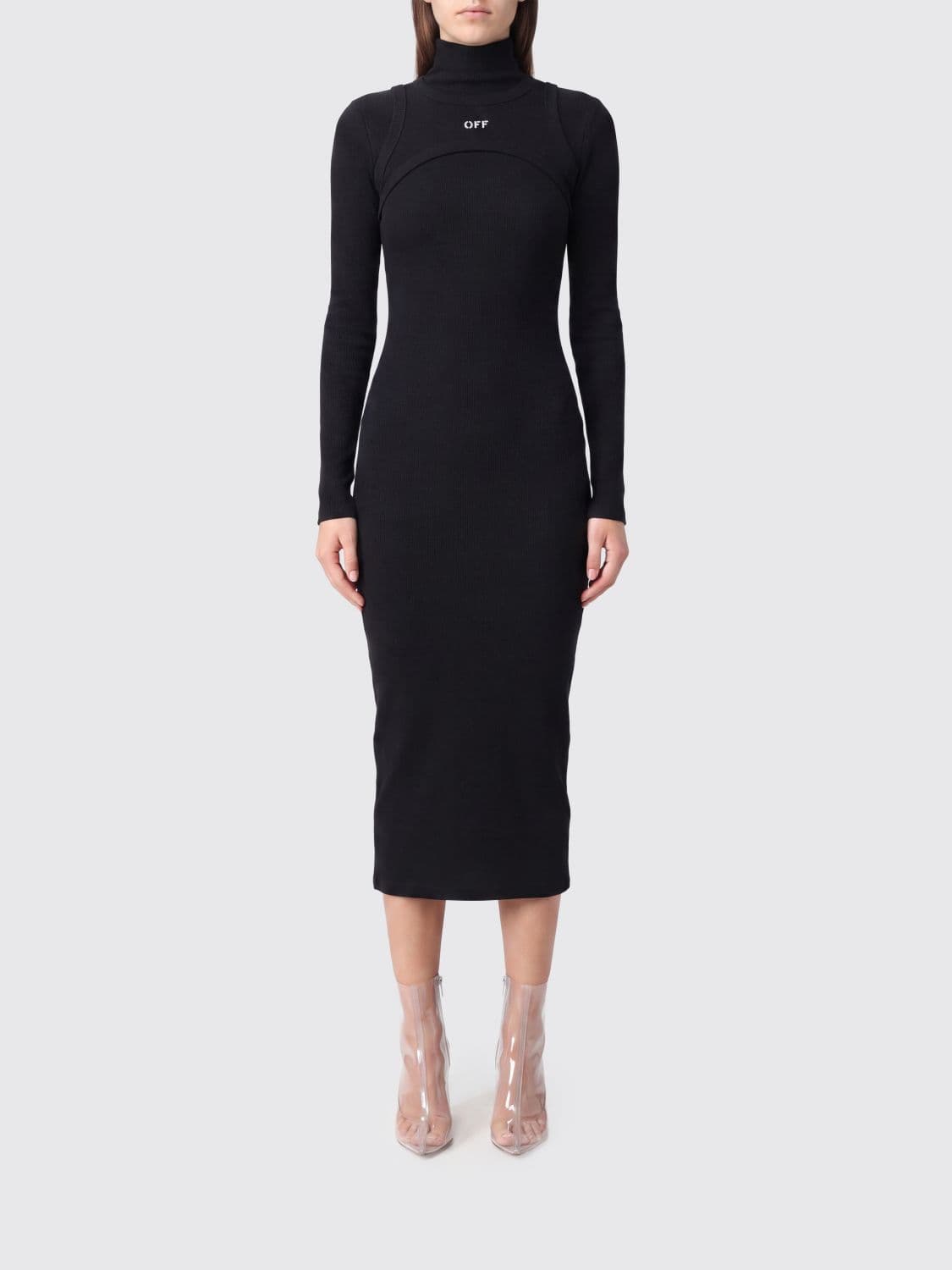 Off-White Cotton Knit Sheath Midi Dress with Polo Neck