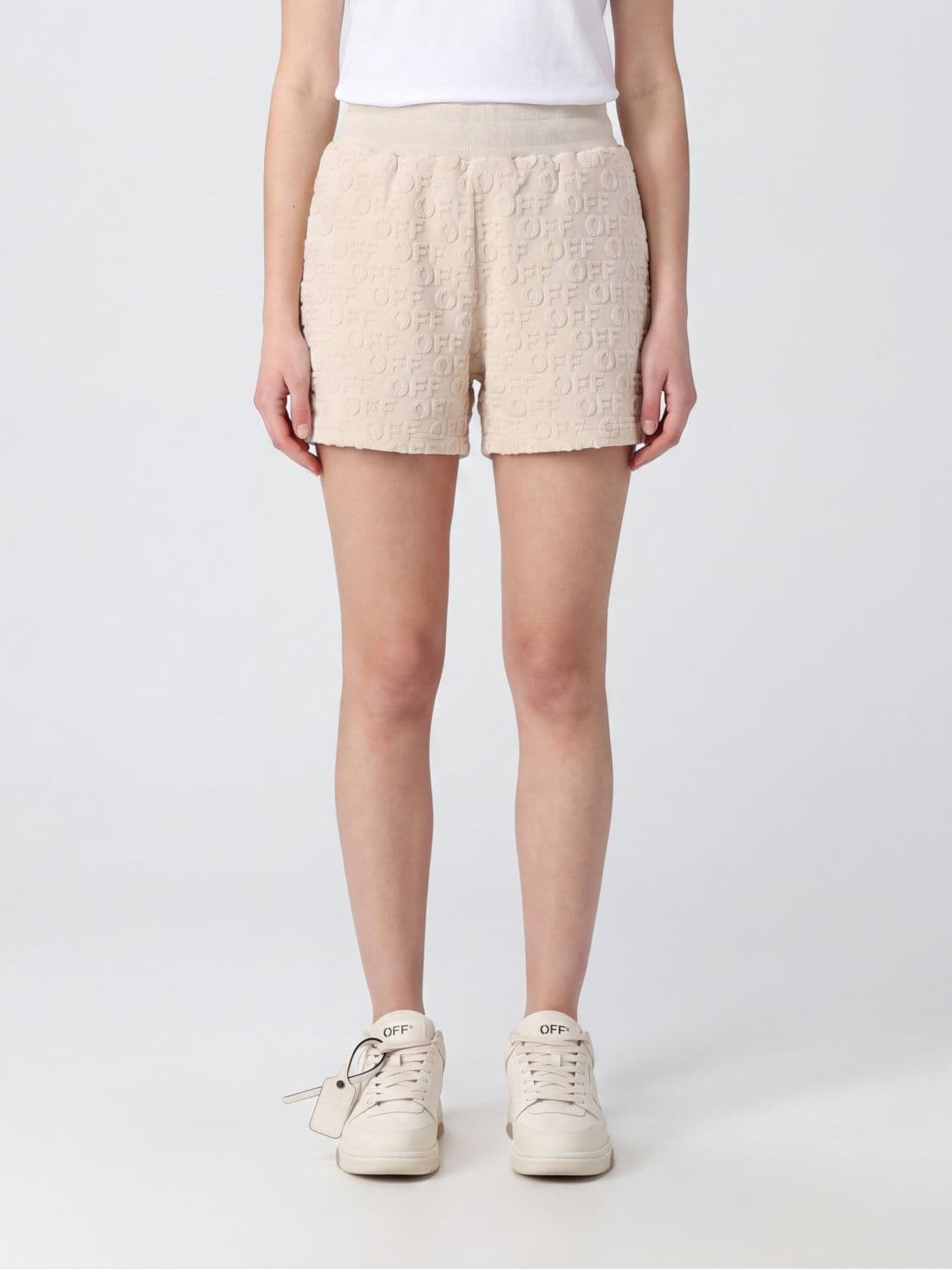 Off-White Cotton Shorts with Jacquard Monogram and an Elasticated Waistband