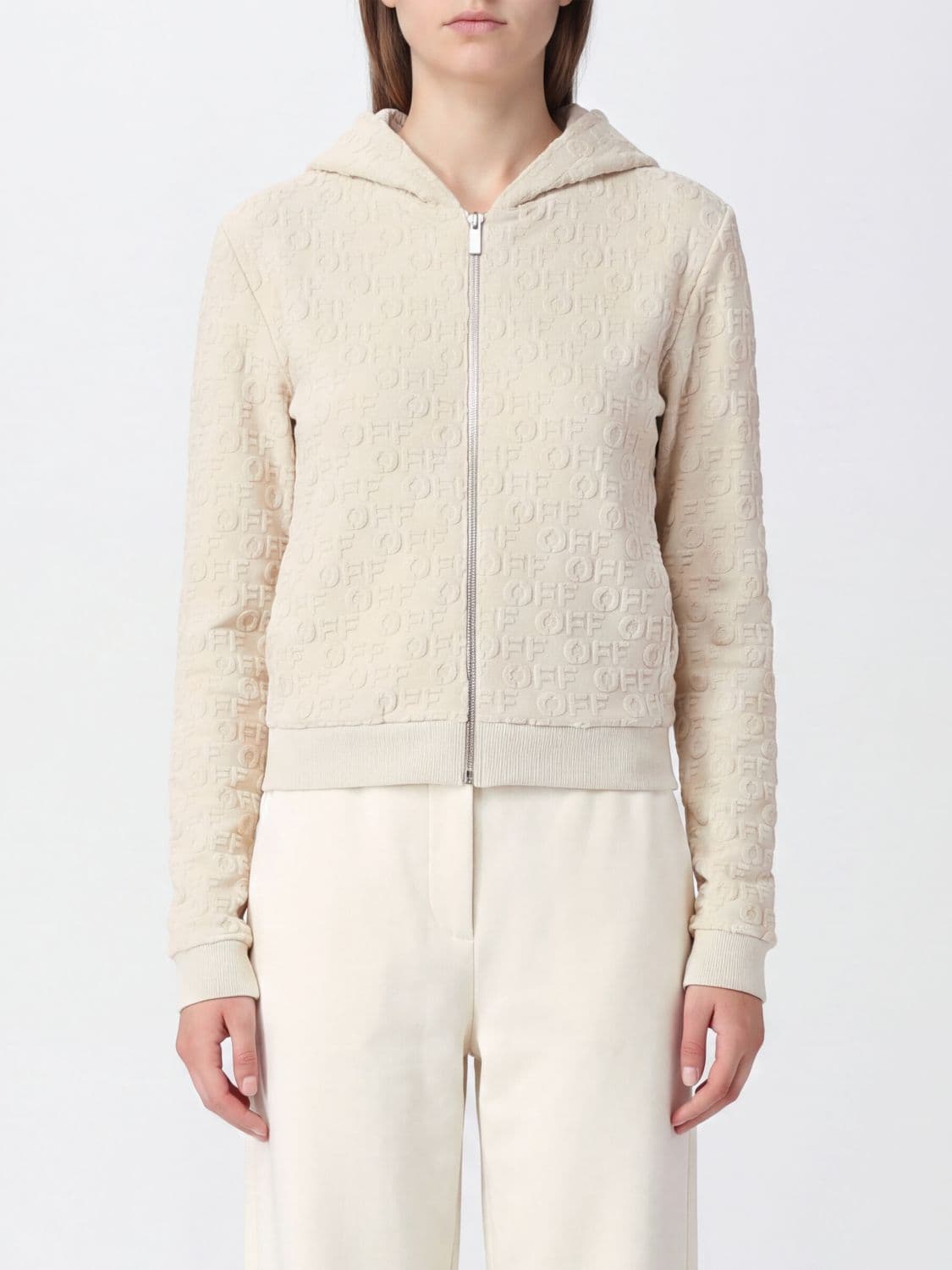 Off-White Zipped Cotton Hoodie with an Embossed Logo