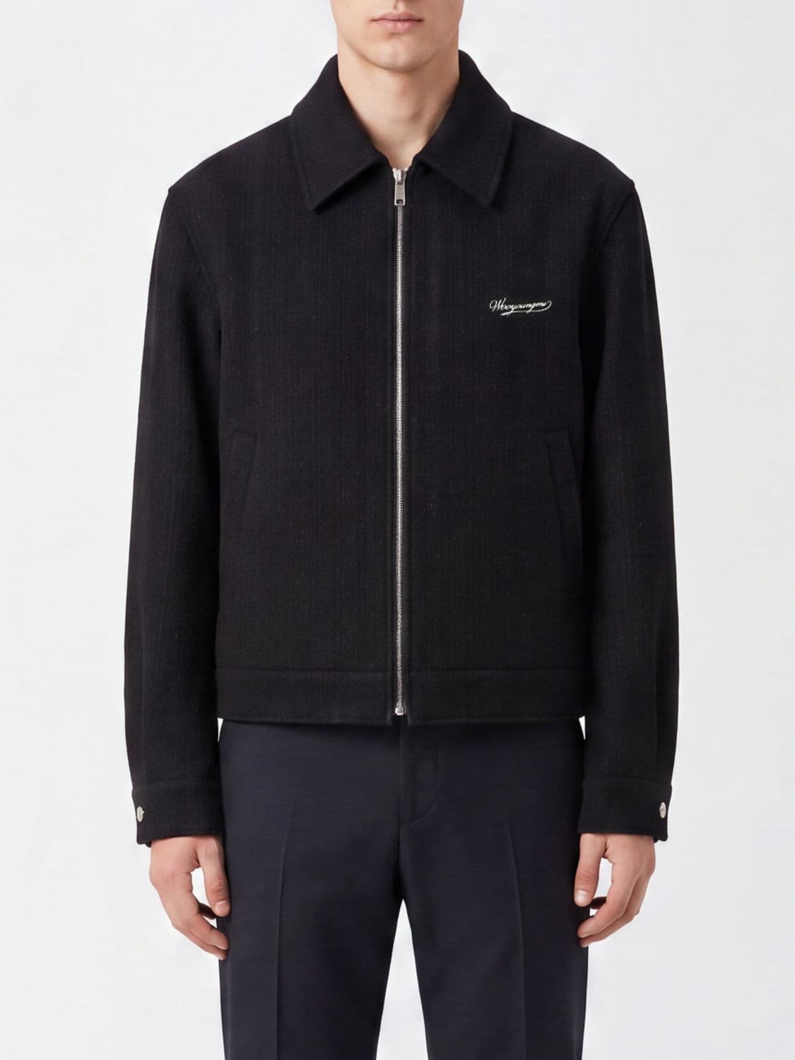 Wooyoungmi Short Wool-Blend Coat with Zip Closure and Contrast Logo