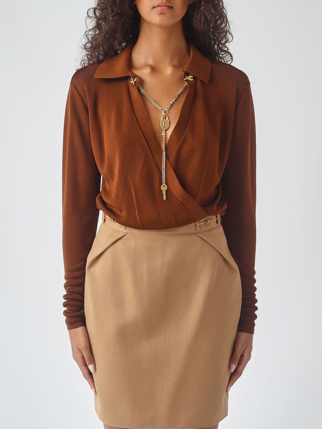 Elisabetta Franchi Long-Sleeved Blouse with Metallic Mesh Details