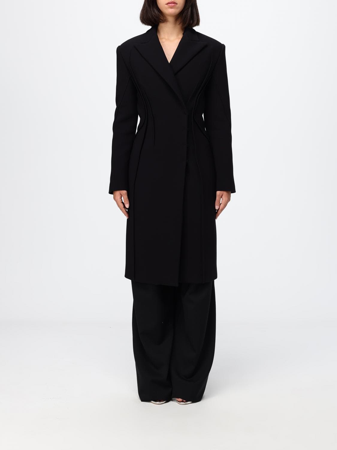Elisabetta Franchi Double-Breasted Long Coat in a Slim Fit with Concealed Closure